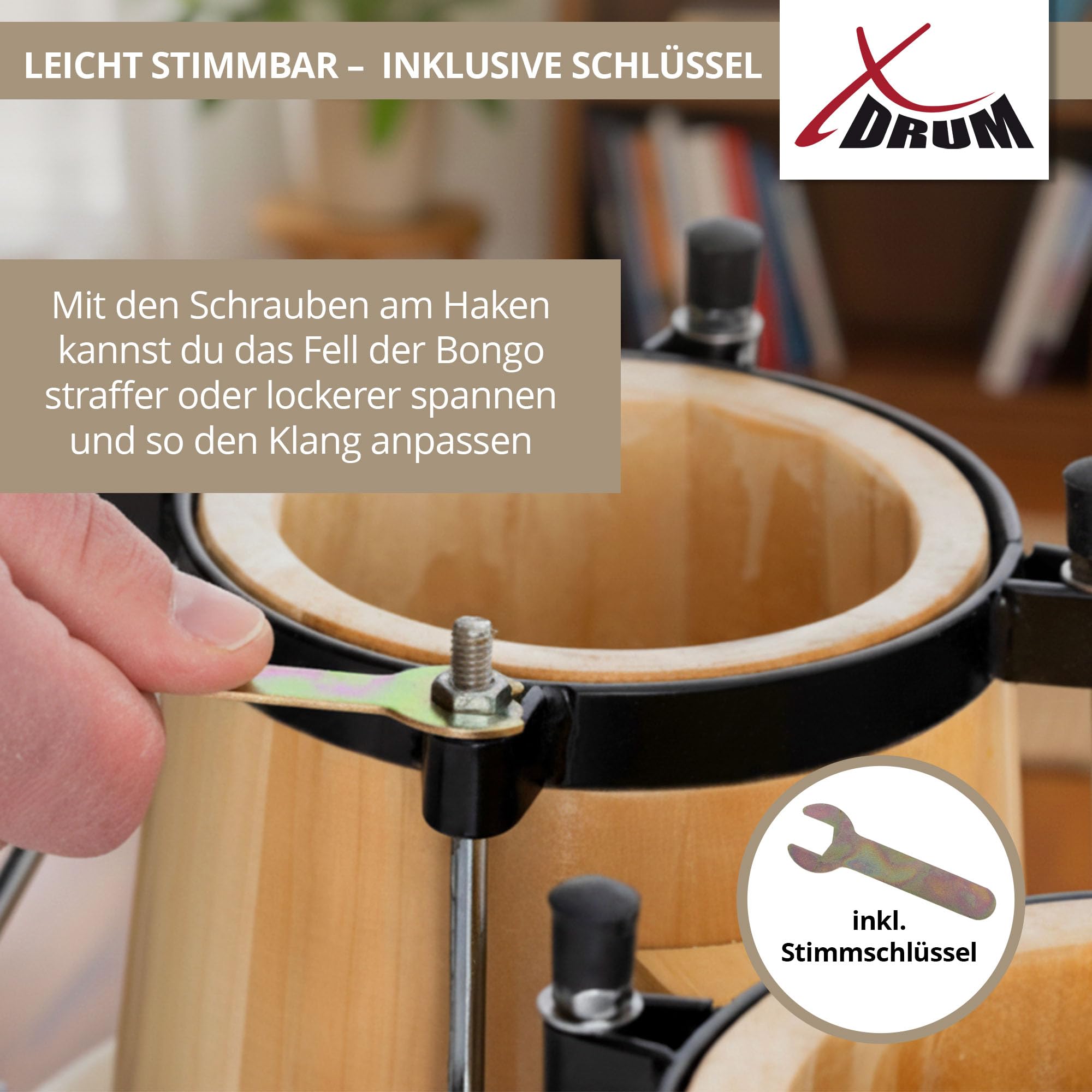XDrum PERC Bongos Club Rosso Vino - 2 Tamburi da 6" e 7" - Bongos con pelli naturali accordabili e chiave di accordatura - Tamburi in legno naturali