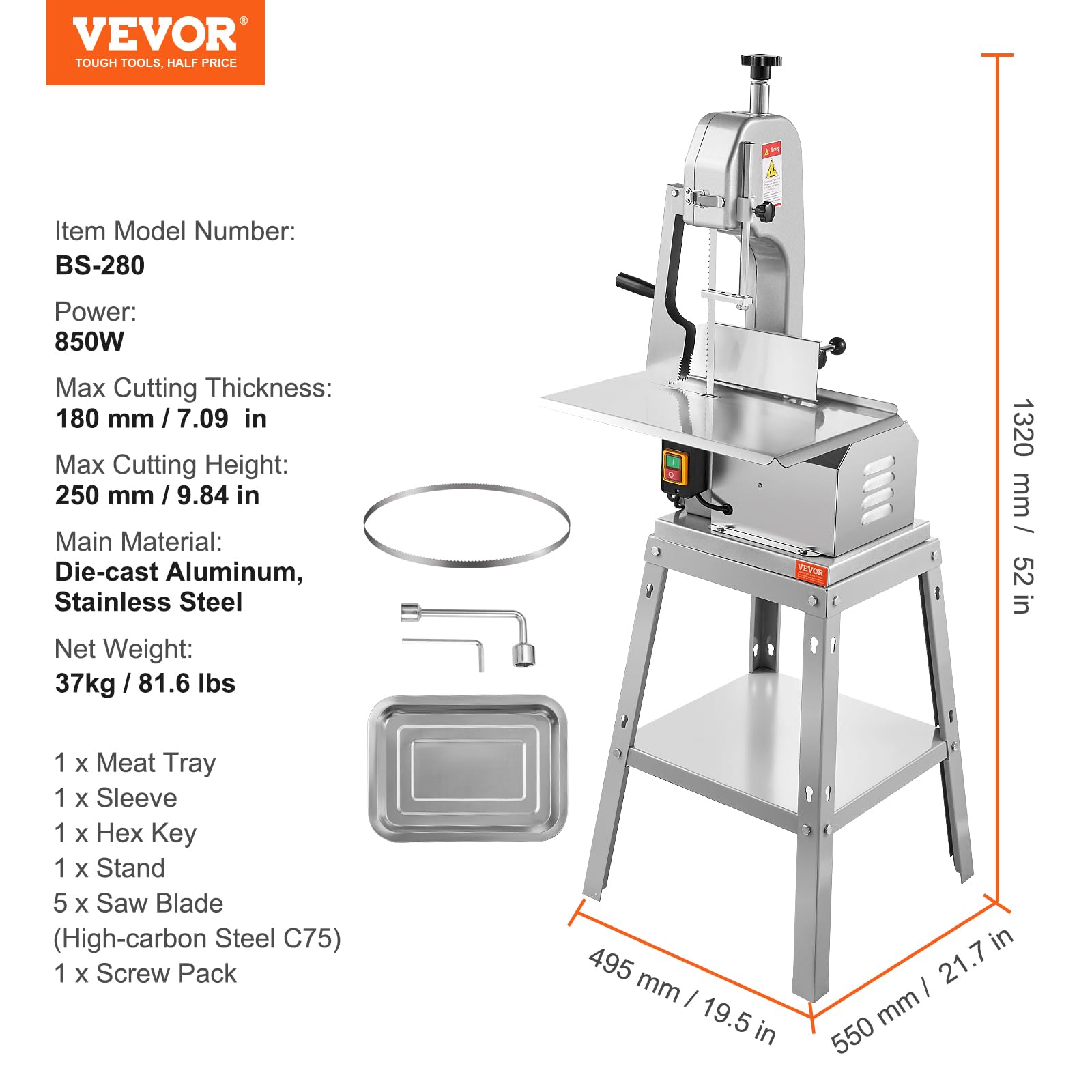 VEVOR kommerzielle elektrische Fleischbandsäge Knochenschneidemaschine, 850 W vertikale Knochensäge, 380 x 485 mm Werkbank, Gefrierfleischschneider mit 5 Klingen für Rippchen, Schweinefleisch