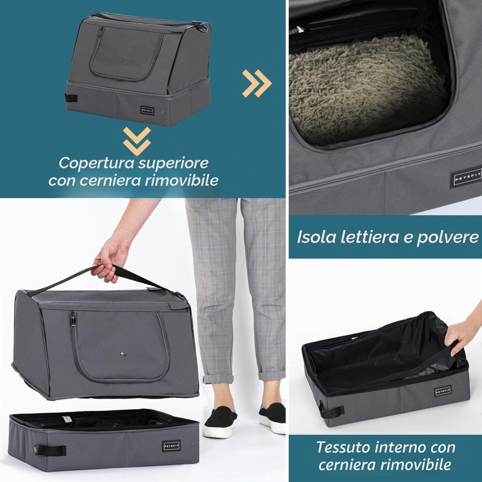 Petsfit Lettiera per gatti portatile da viaggio,Lettiera pieghevole con coperchio, facile da pulire,Grigio