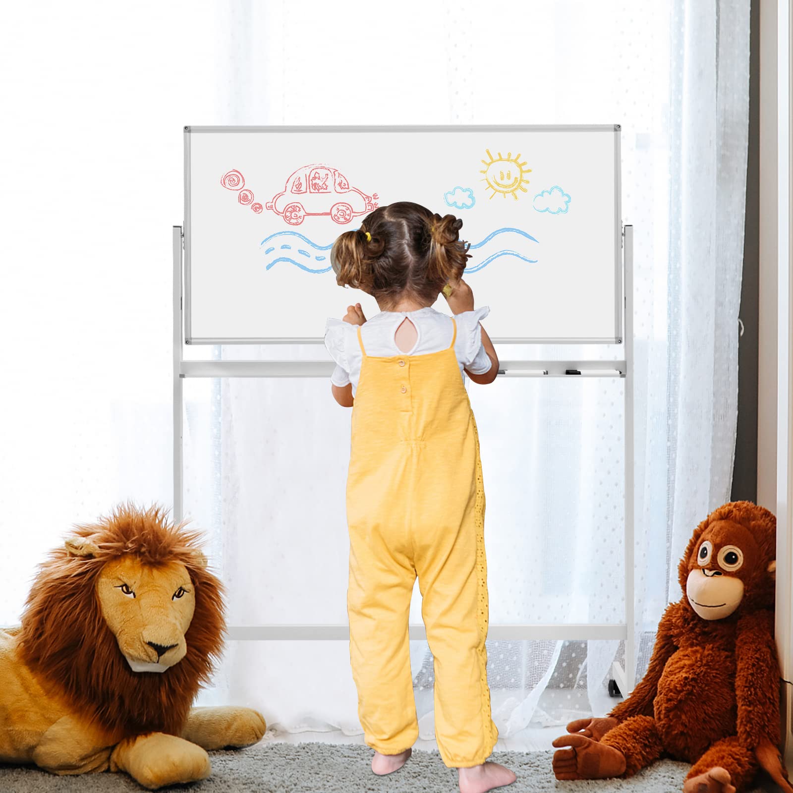 GIANTEX 120 x 60 cm Pizarra Magnética de Doble cara con Ruedas, Altura Regulable en 360° con 6 Marcadores, 12 Imanes y 1 Borrador, Pizarra Reversible para Oficina, Hogar, Escuela (Blanco)