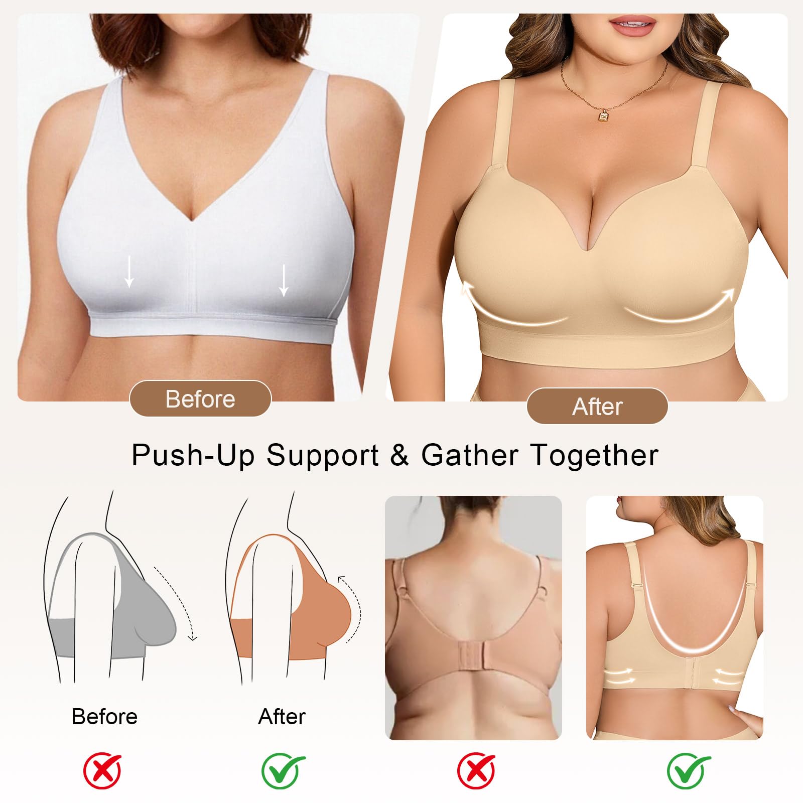 XJBTBA Biustonosze push-up dla kobiet Bez fiszbin Bez fiszbin Bez fiszbin Wsparcie Komfortowe biustonosze do spania dla pań Miękka koszulka Biustonosz bez fiszbin Regular i Plus Size