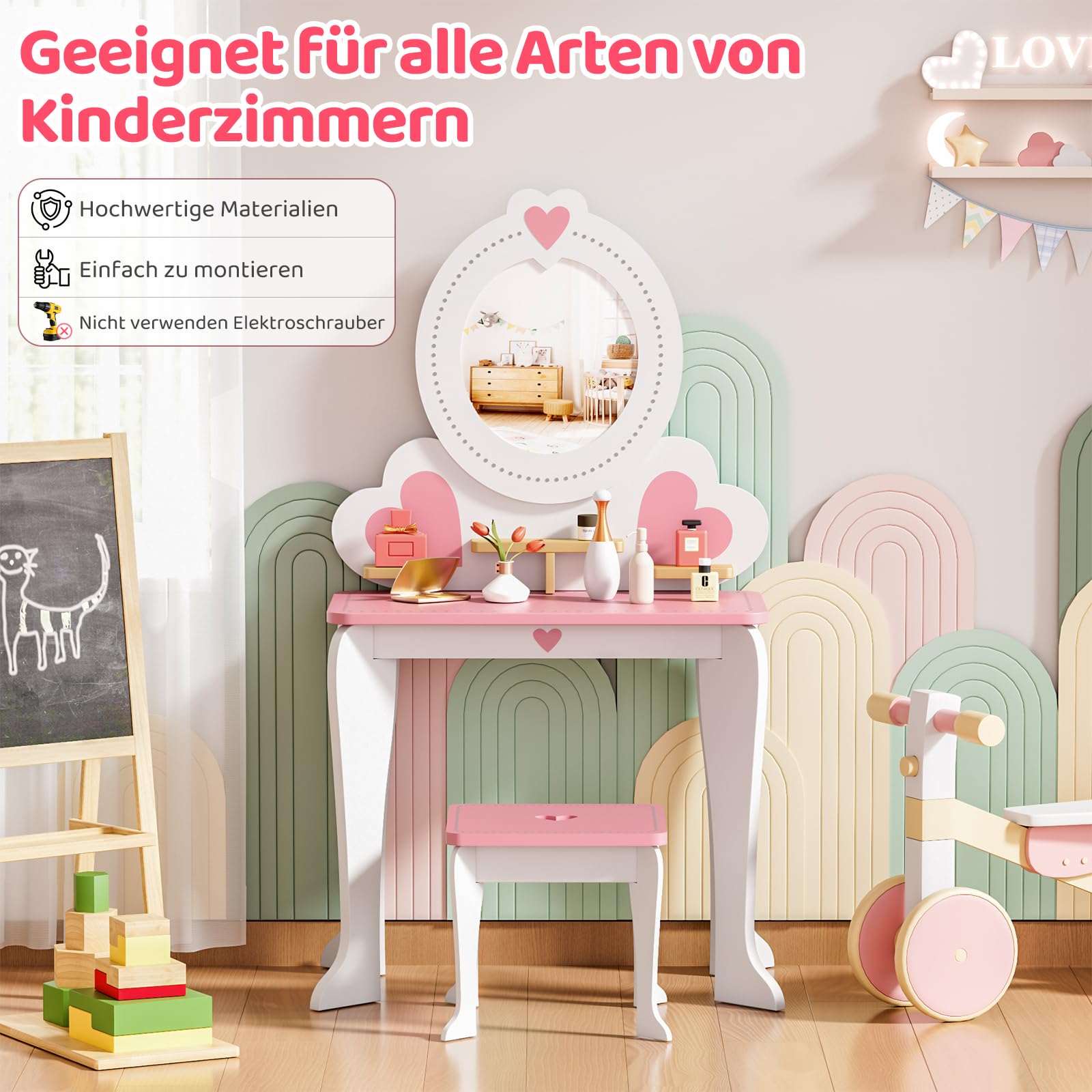 MAMIZO Schminktisch Kinder mit Abnehmbarem Spiegel, Kinderschminktisch Holz mit Hocker, 2 in 1 Prinzessin Frisiertisch, Kinderschreibtisch, Schminktisch Mädchen ab 3 Jahre, 50x33x91cm, Weiß