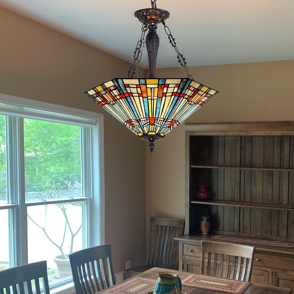 Tiffany Pendant Light Fixtures,22" Wide Stained Glass Inverted Ceiling Pendant for Dining Room,Antique Style 3 Lights Hanging Lamp for Living Room Kitchen Entryway