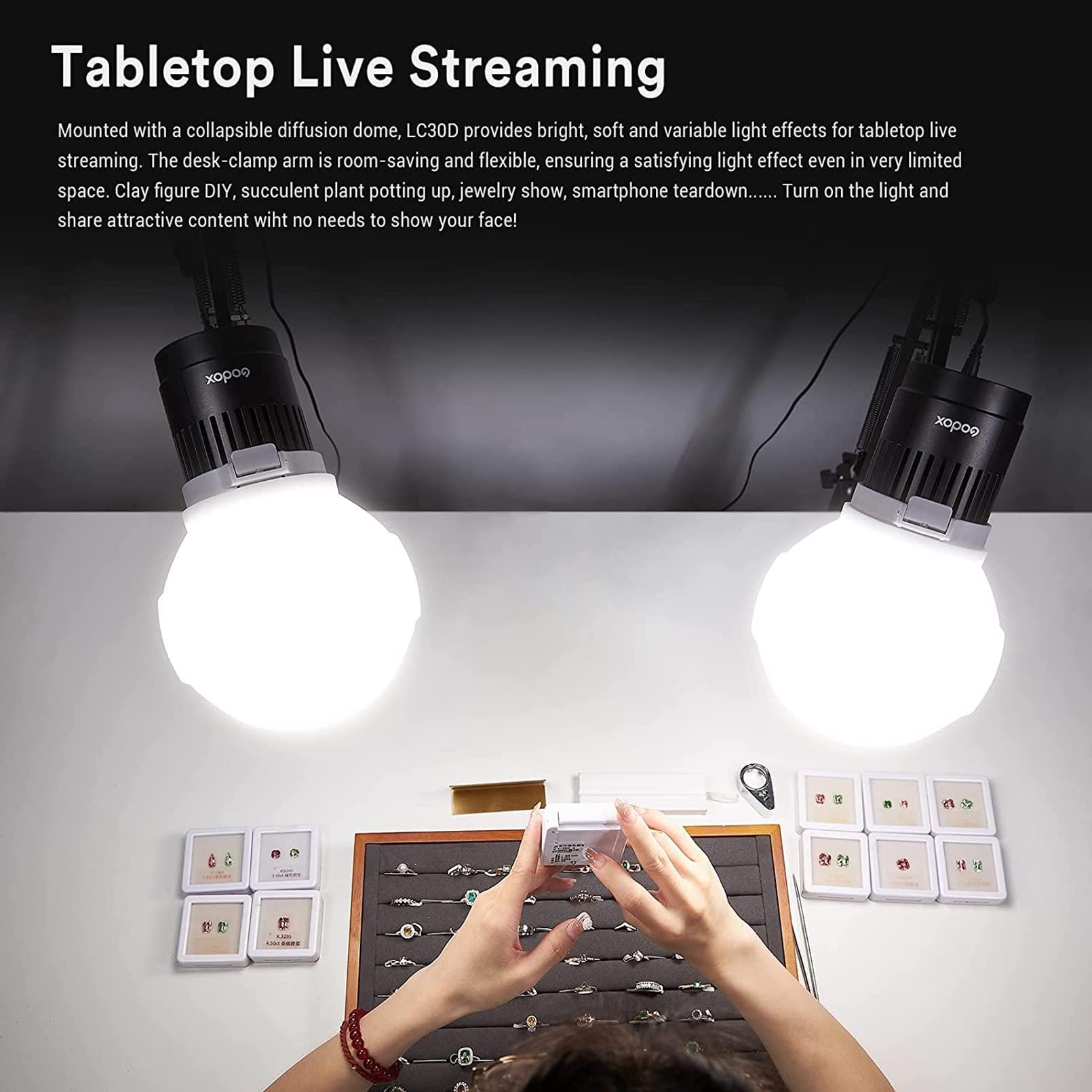 Godox LC30D Litemons Lampada da Tavolo a LED, CRI 95+/TLCl 96+, 8 Effetti di Luce Preimpostati, Dimensioni della Tazza, luce a LED per Riprese Desktop, Streaming Live, Fotografia di Piccoli Prodotti