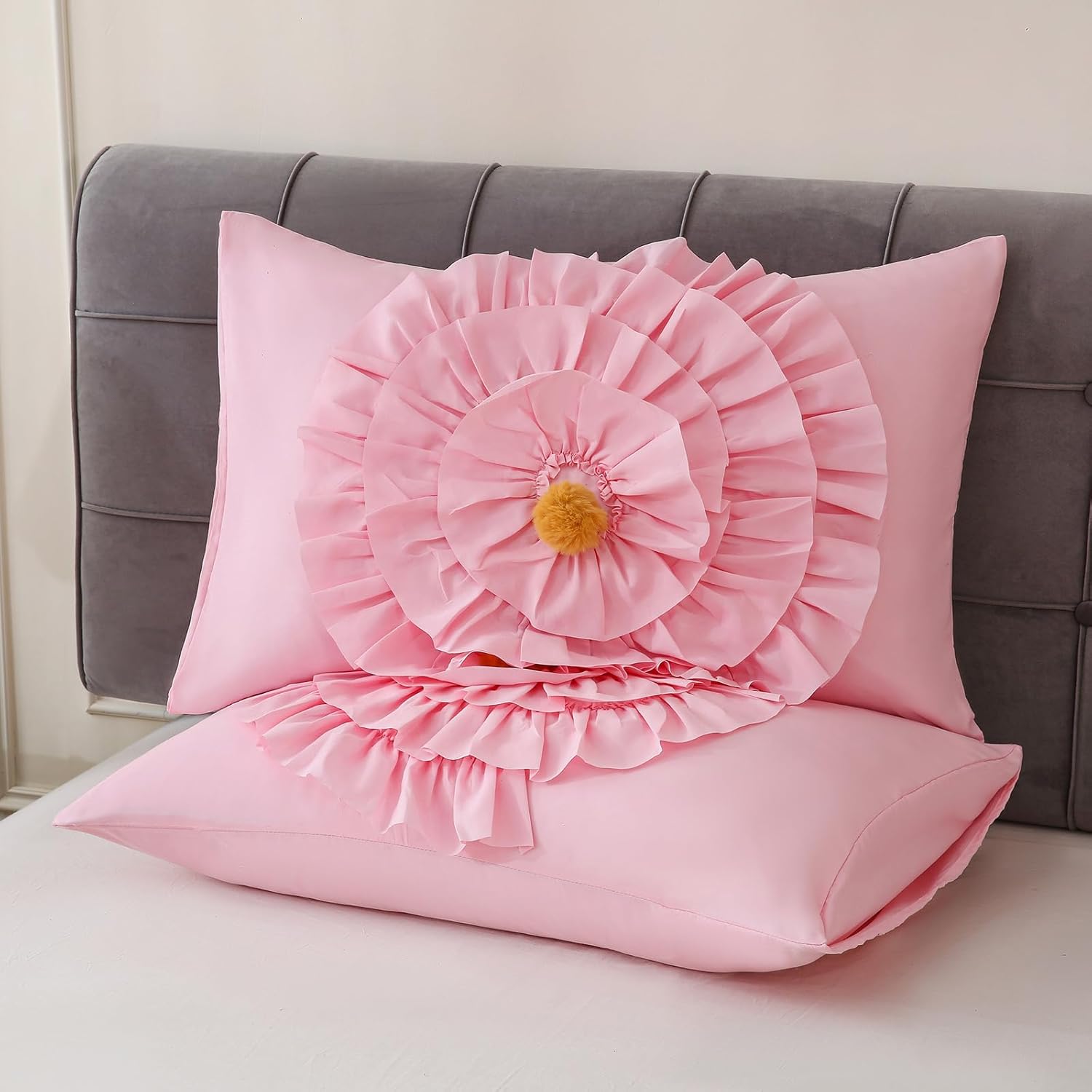 Boho Duvet Cover Queen Size - Boho Ruffle Princess Bedding, Pink Ruffle Queen Duvet Cover for Women Teen Girls, 3 Pieces Washed Microfiber Tufted Floral Home Bedding (Pink, 90" x 90")