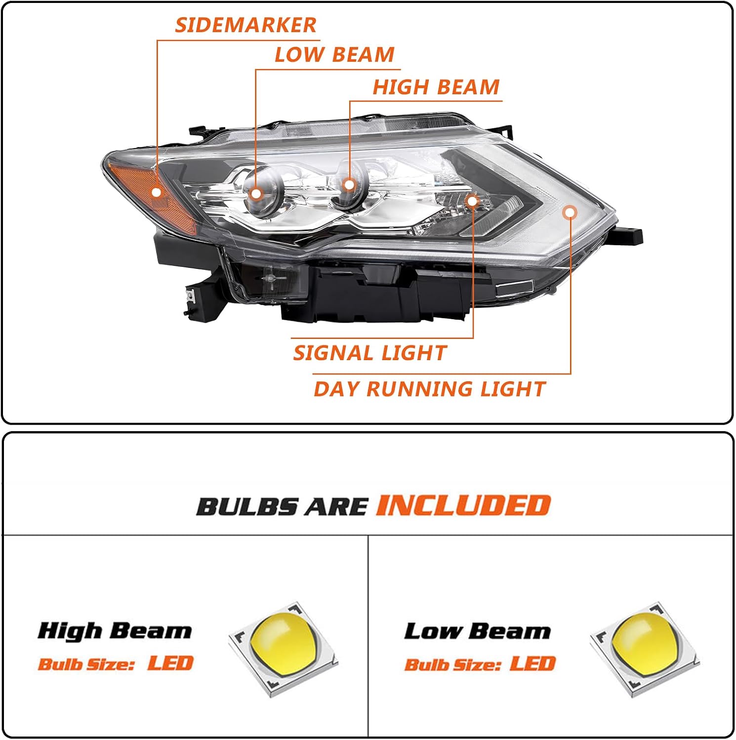 1 Pair LED Headlight for 2017 2018 2019 2020 Nissan Rogue SL, Halogen Turn Signal Light OEM Replacement Waterproof Headlamp Right+Left Side 260606FL6A, 260106FL6A