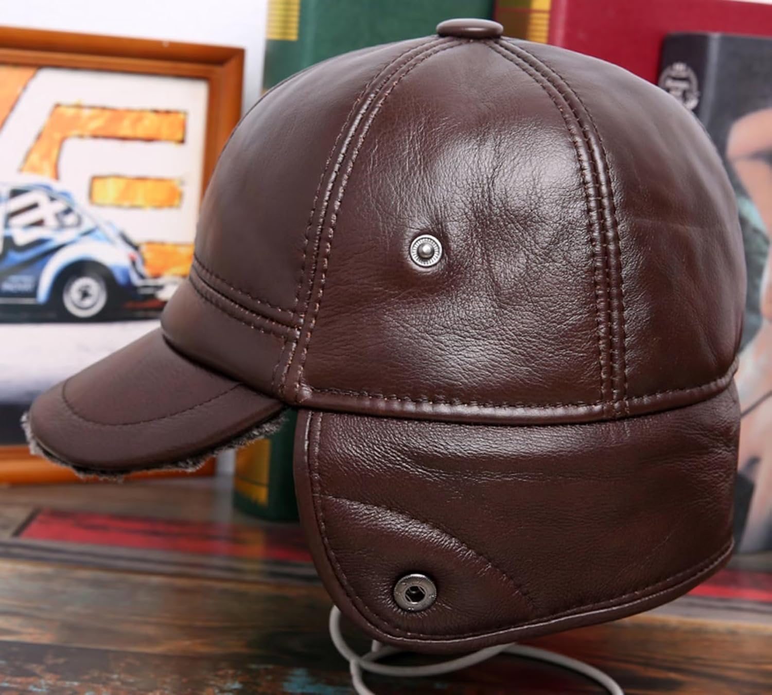 Winter Trapper Hat with Ear Flaps Leather Baseball Cap,Faux Fur Hunting Aviator Pilot Cap,Warm Ski Hat for Men Women,Black-XL