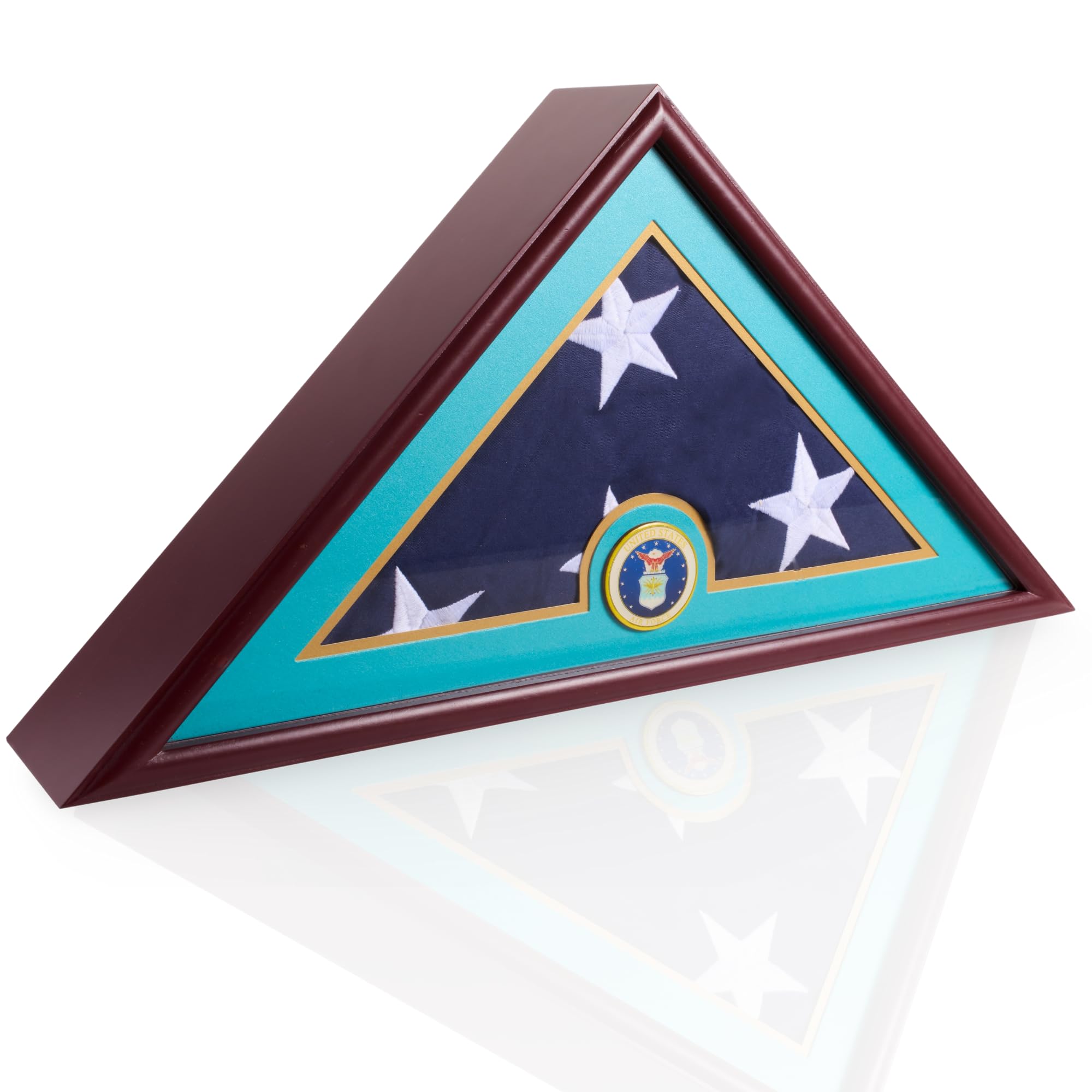 DECOMIL- 5x9 Flag Display Case Shadow Box Flat Base with Cherry Finish with Armed Forces Branch Emblems