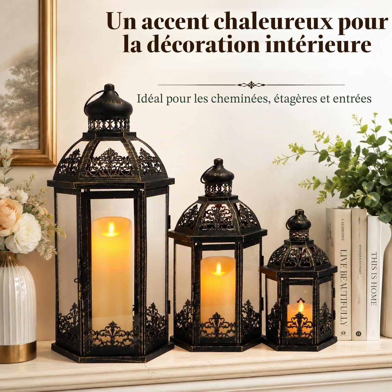 TRIROCKS Lot de 3 lanternes à bougie décoratives en métal noir parfaites pour jardin, cour, terrasse