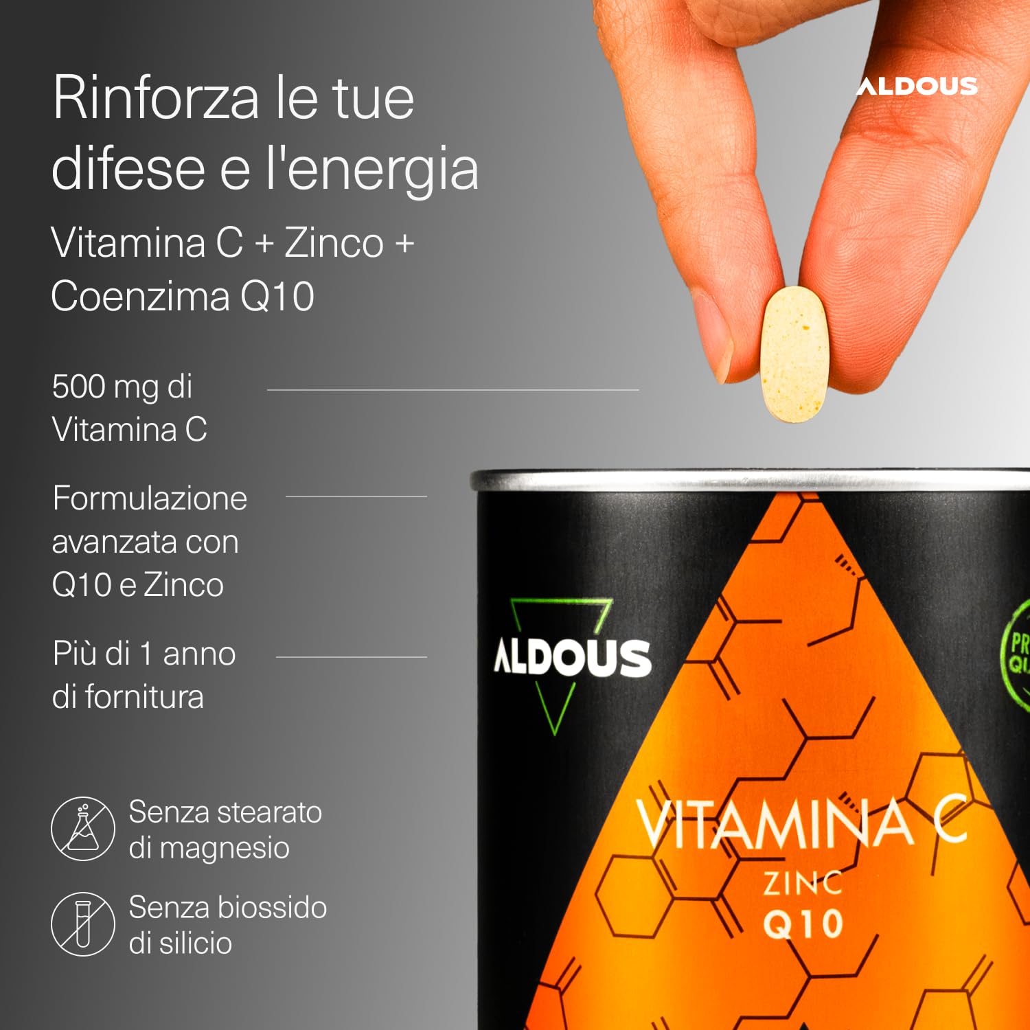Vitamina C + Zinco + Q10-400 Compresse (Scorta per +1 Anno) - Vitamina C Alto Dosaggio - 100% Naturale - Integratori Stanchezza, Integratore Difese Immunitarie - ALDOUS