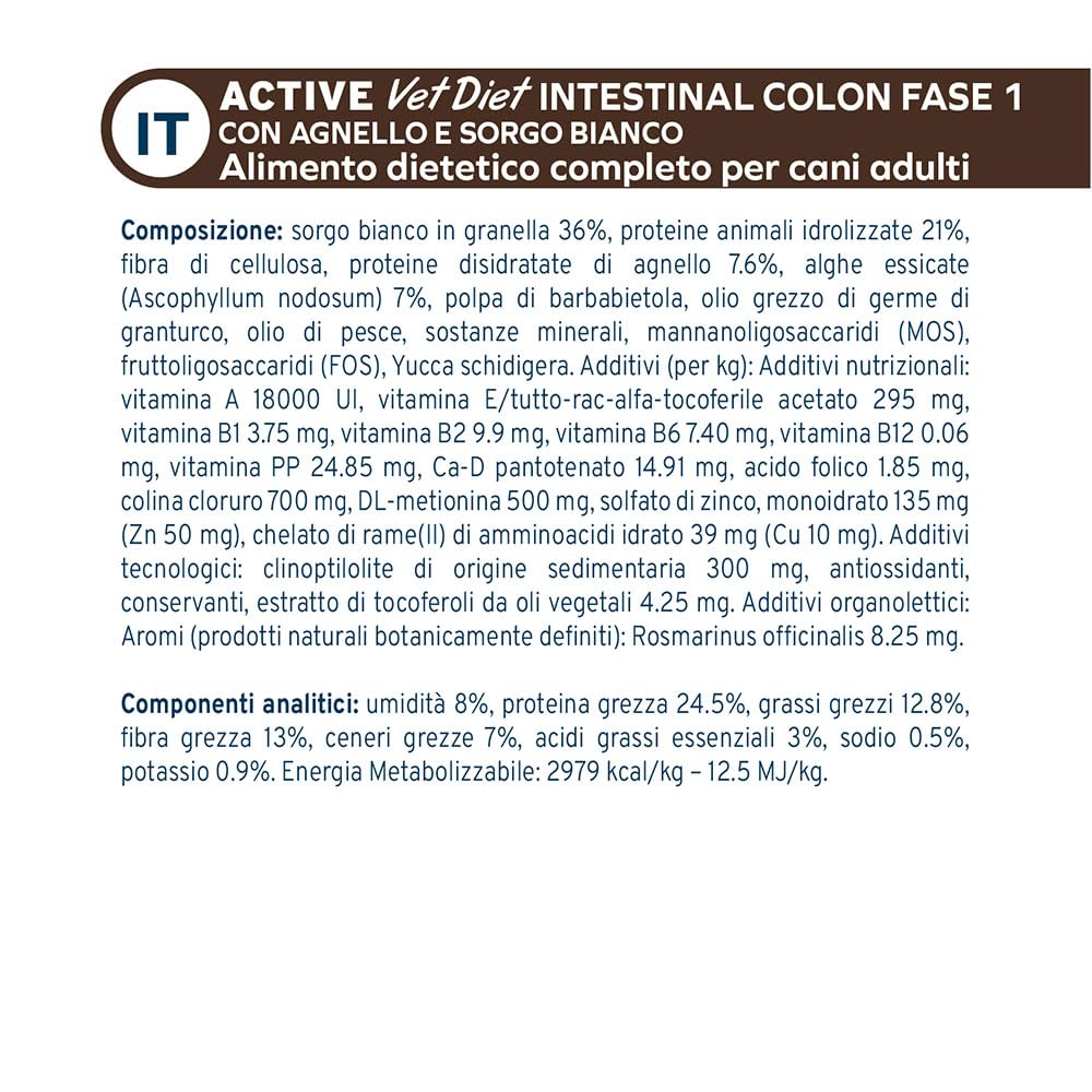FORZA10 Dog Active Intestinal Colon FASE 1 | Agnello e Sorgo | Alimento Dietetico per Sensibilità Intestinale | Cibo Secco per Cani | Sacco da 10 Kg