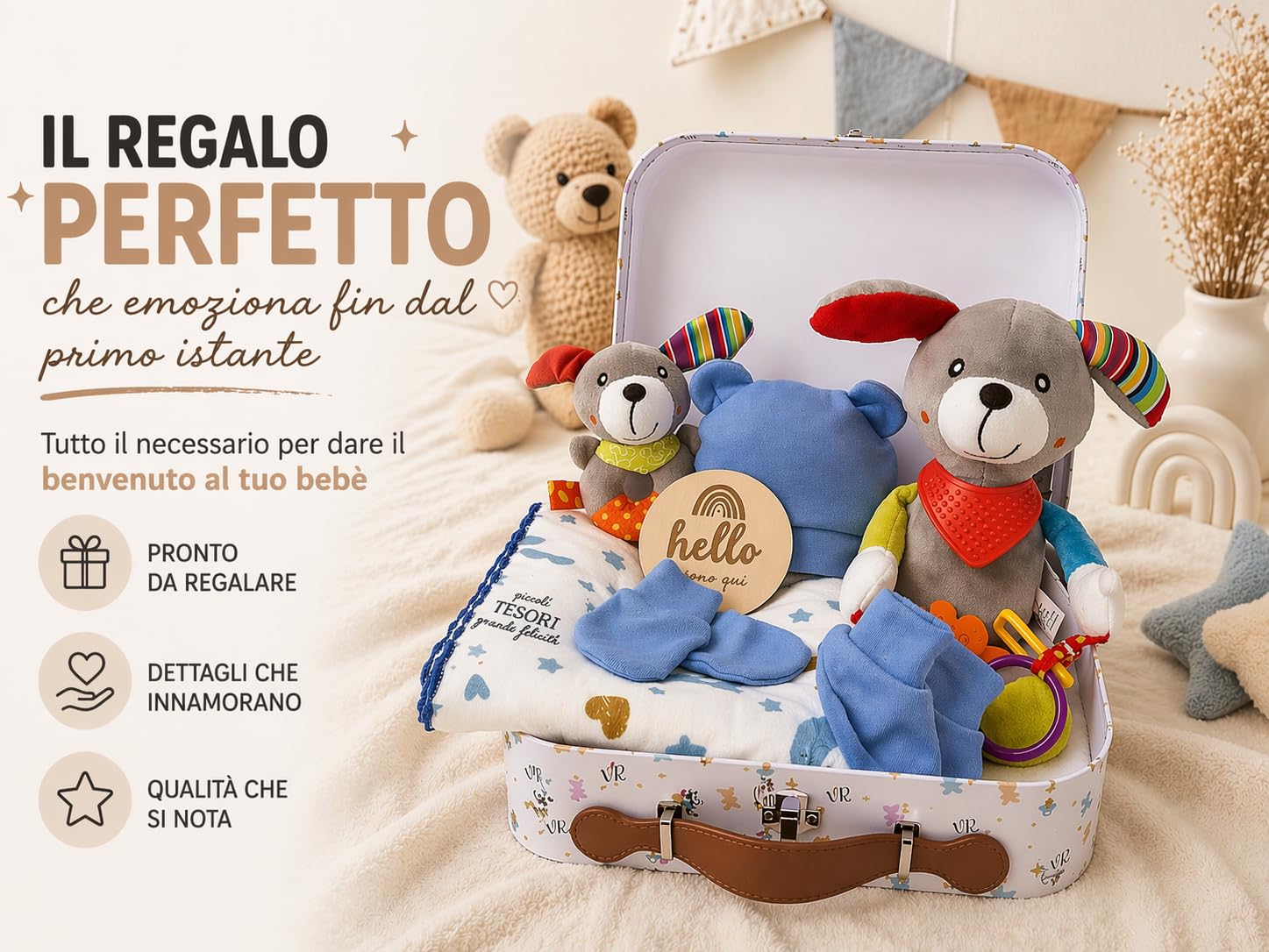 Regalo Neonato Maschio Femmina - Regalo Nascita Bimbo Bimba - Set Nascita 8 Pezzi con Valigetta, Copertina in Cotone, Peluche e Sonaglio - Cofanetto Regalo