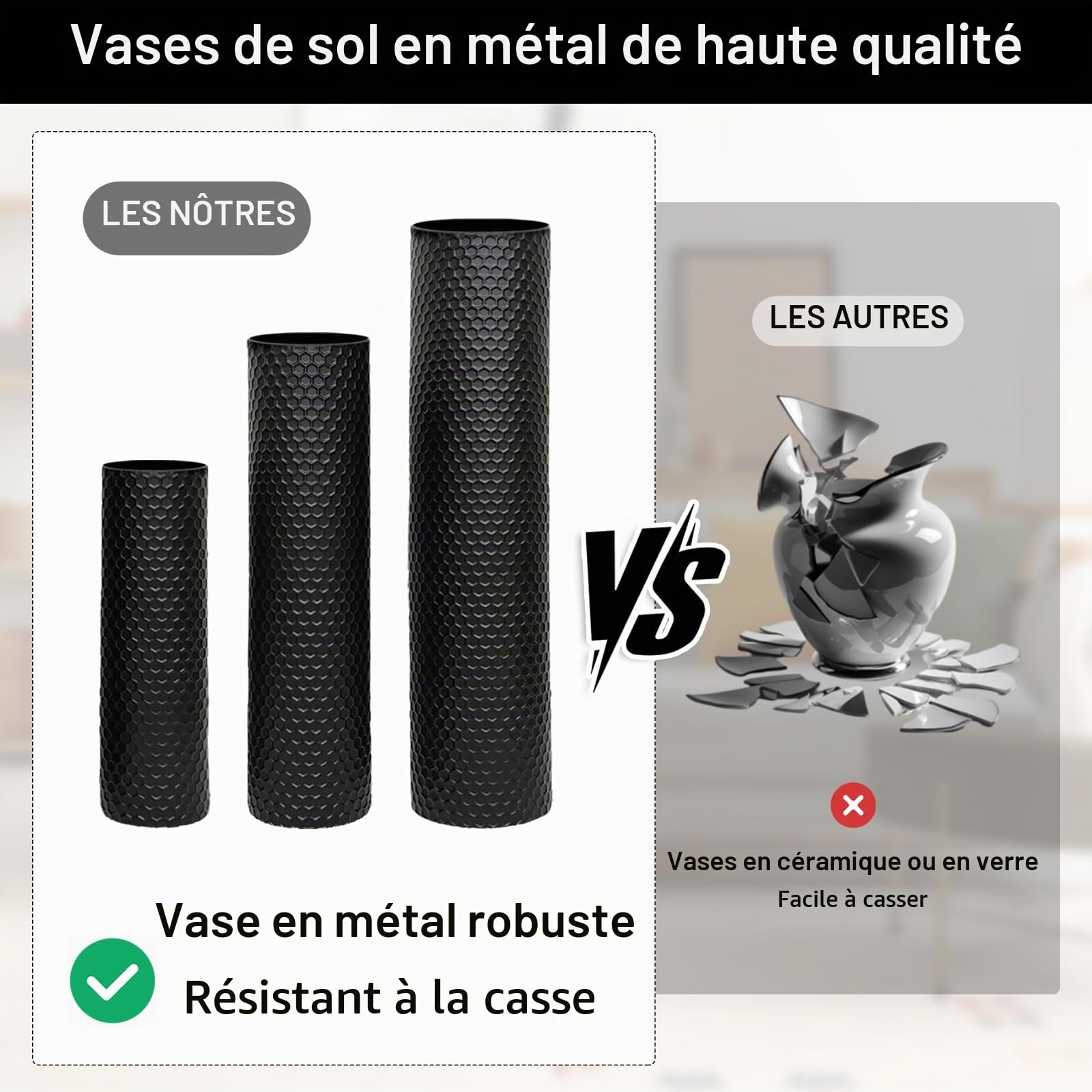 Grande Noir Vase Au Sol, 70/55/40 cm Métal Haut Vases Set de 3, Moderne Texture Nid d'abeille Grandes Vase Au Sol pour Salon Salle À Manger Chambre À Coucher Couloir