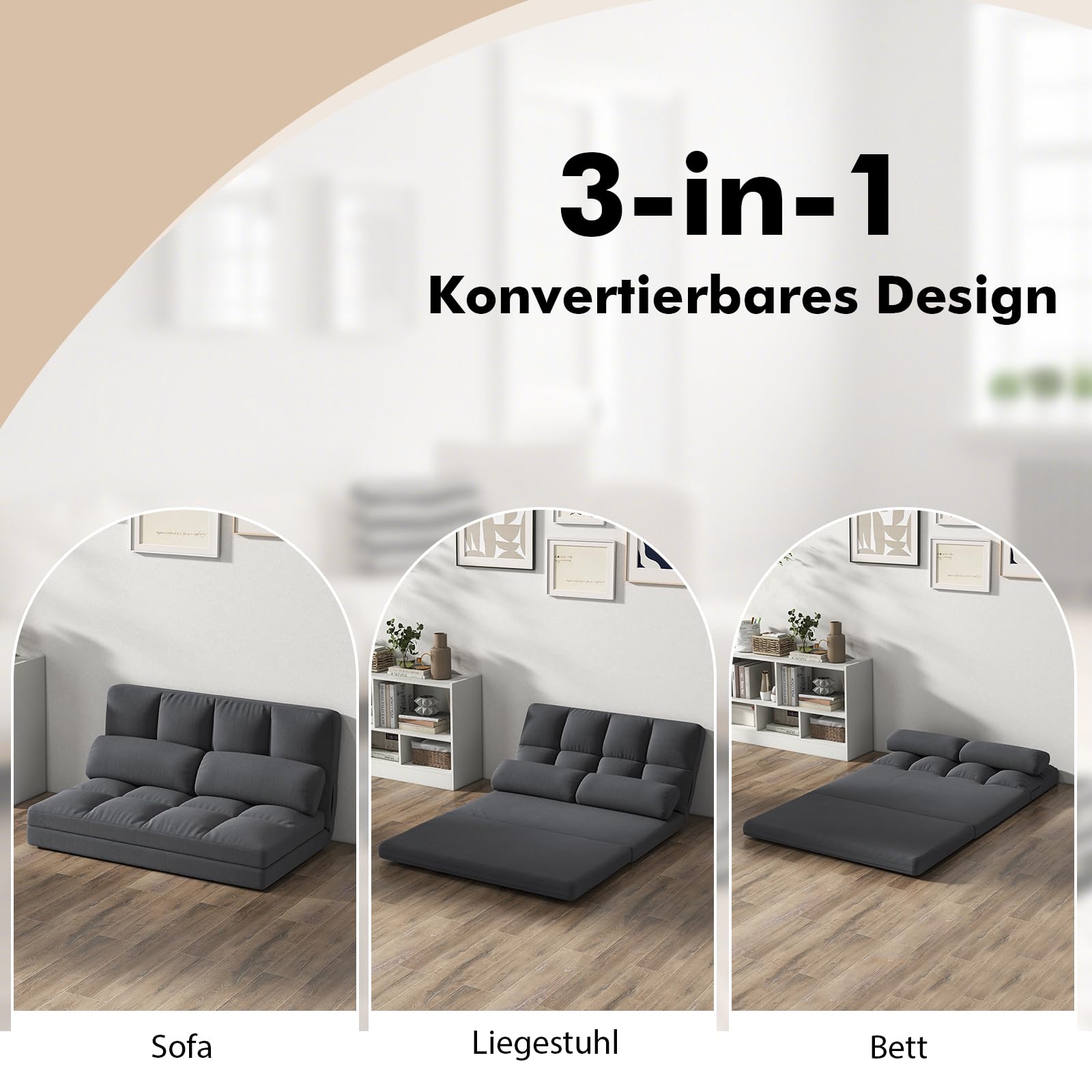 COSTWAY Klappbares Bodensofa, 3 in 1 Schlafsofa mit Schlaffunktion und Verstellbarer Rückenlehne, Sofabett mit 2 Kissen, Klappsofa für Wohnzimmer und Schlafzimmer (Dunkelgrau)
