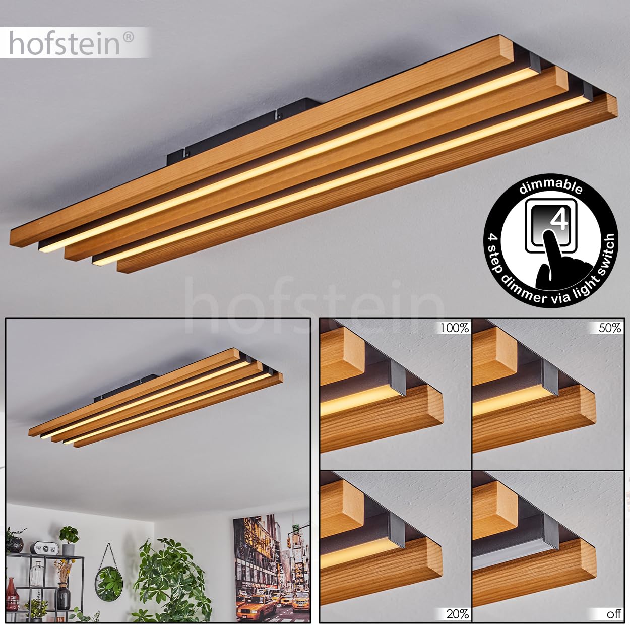 LED Deckenleuchte Favorina, dimmbare Deckenlampe aus Metall/Holz/Kunststoff in Schwarz/Natur/Weiß, 30 Watt, 3400 Lumen, 3000 Kelvin, Länge 81 cm, dimmbar über Lichtschalter