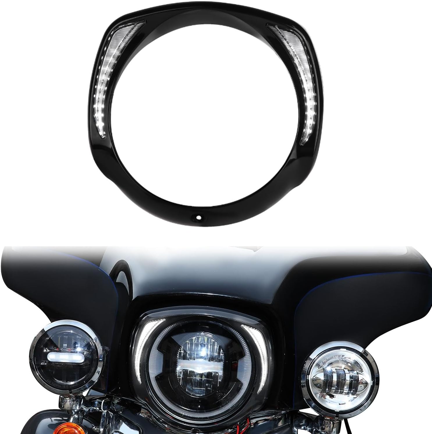 Headlights Trim Ring Bezel w/DRL for Street Glide, Black Headlight Clip w/LED Running Light Front Lamps Trim Ring for Harley Street Glide Ultra Limited Headlamp 2014-2022 Accessories