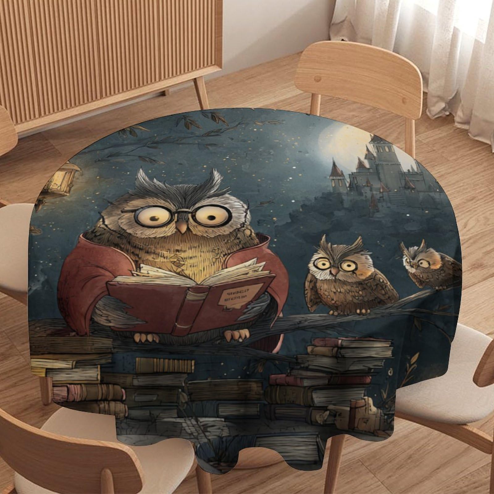 Luyysky Rustic Abstract Cute Owl Waterproof Round Tablecloth Funny Watercolor Full Moon Starry Sky Galaxy Castle Animal Owls Washable Table Cover For Kitchen-177.8" Wx177.8 L Cm