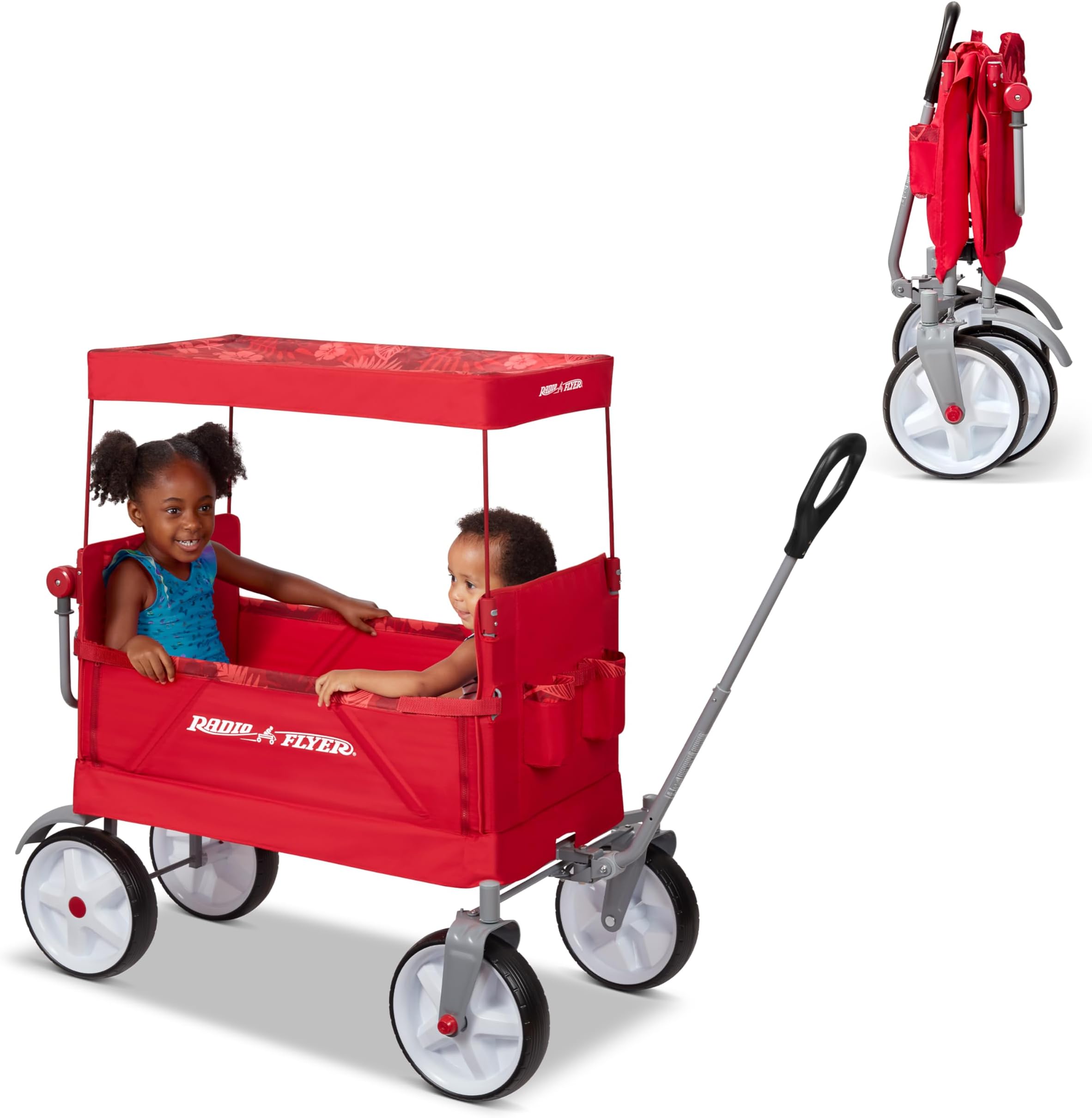 Radio Flyer Beach & Boardwalk 3-in-1 EZ Fold Wagon, for Kids 1.5+, UV Shade, One-Hand Flat Fold, Seats 2 or Converts to Bench, DuraClean Fabric, Beach Tires, 150 lb Capacity, Wagon for Kids & Cargo