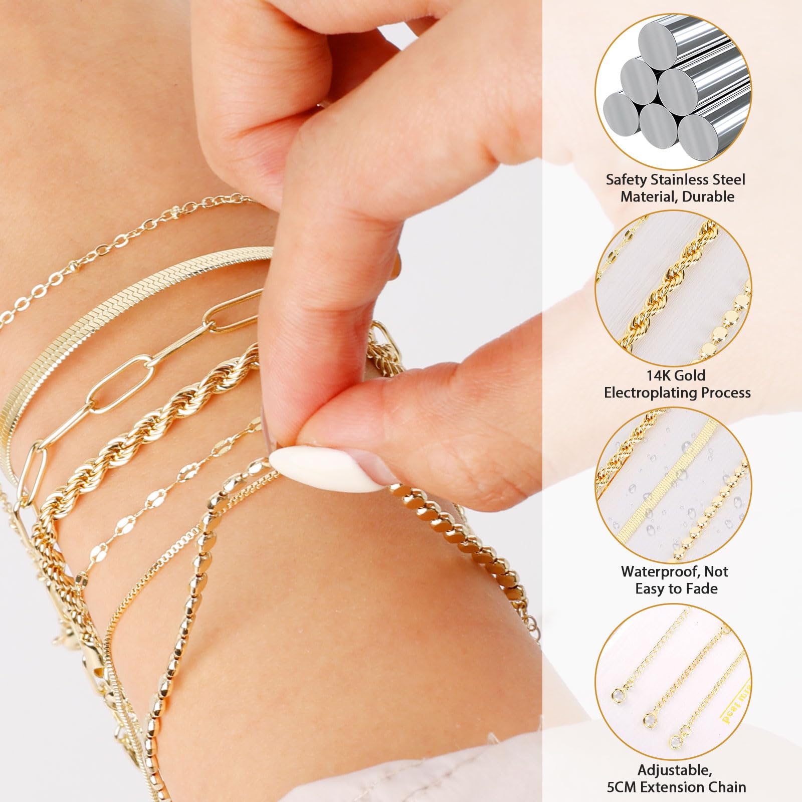 7Pcs Pulseras Oro Mujer, 14K Pulseras de Cadena Pulsera Acero Inoxidable Pulseras Mujer Oro Ajustable — view 4