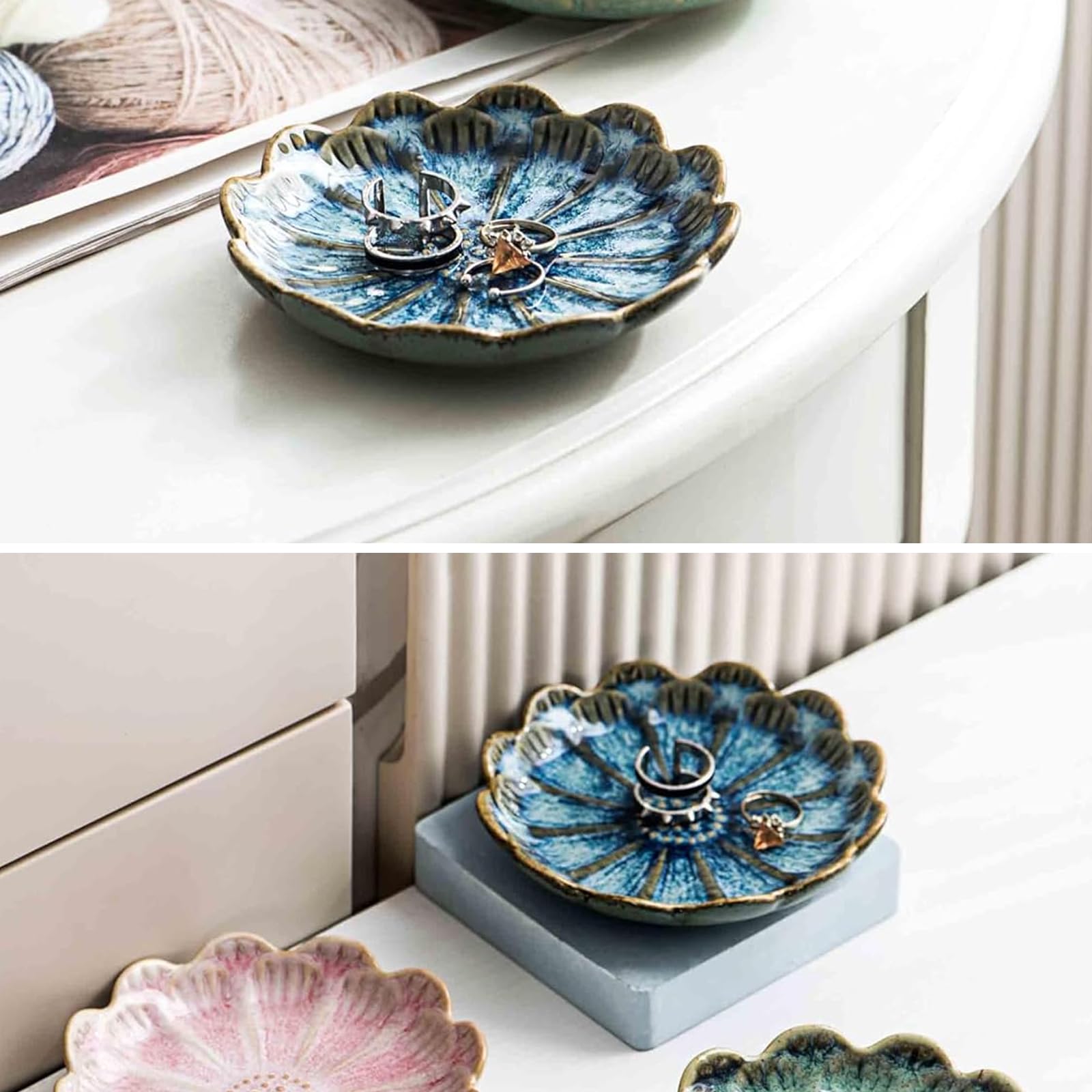 Tace biżuteria, ceramika, kwiaty, dekoracyjna taca porcelanowa, talerzyki biżuteria, zestaw półek na pierścionki, kolczyki, naszyjniki, szminki, różowe, białe