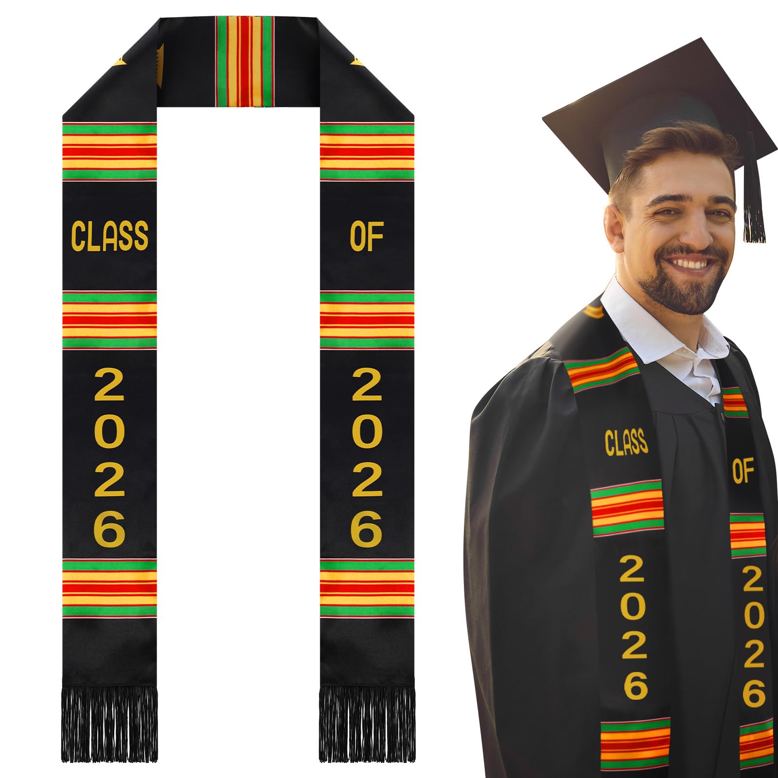 Graduation Stole Kente Stole Black Authentic African Art 72" x 4.8" for Adult College Unisex Grads Celebrate