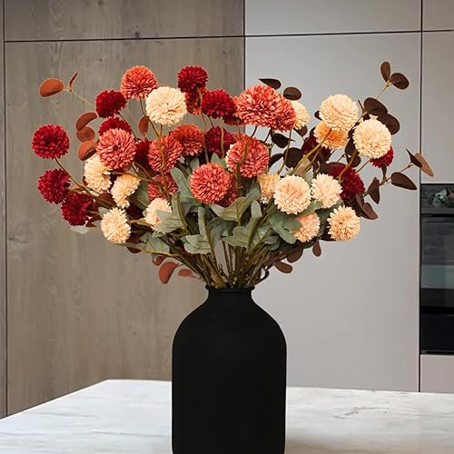 RyddeligHome Flores de otoño, flores artificiales Kiku de color naranja quemado, 10 tallos + eucalipto, centro de mesa floral de mamás rojas y