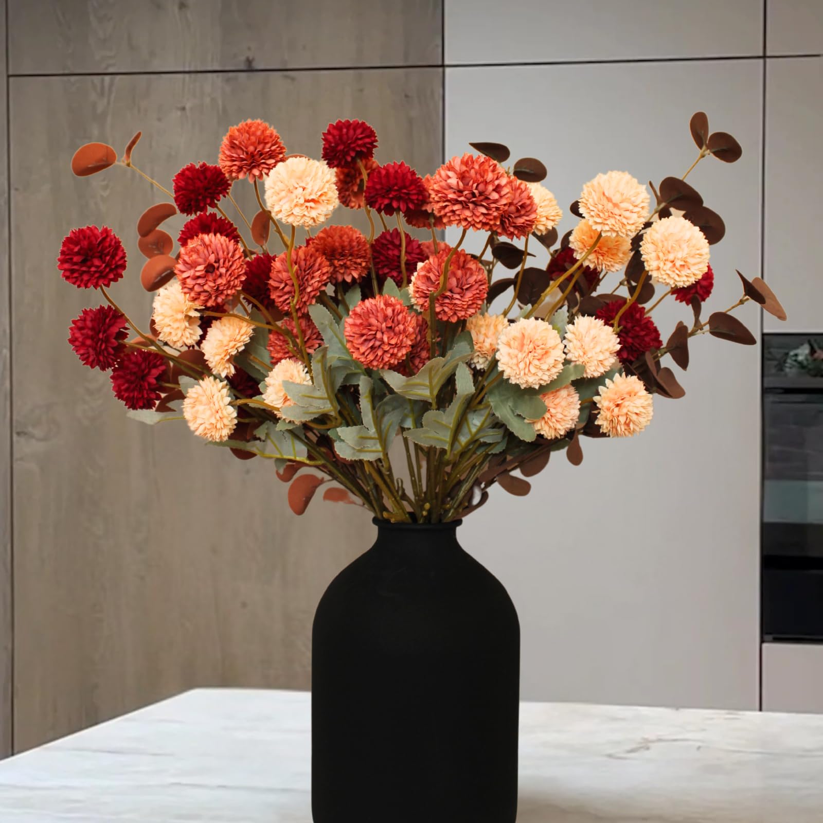 Fall Flowers, Burnt Orange Faux Kiku Flowers Artificial 10 Stems + Eucalyptus, Fake Red Orange Mums Floral Centerpiece, Terracotta Mini Balls Faux Stems for Vase, Decoración de Otoño