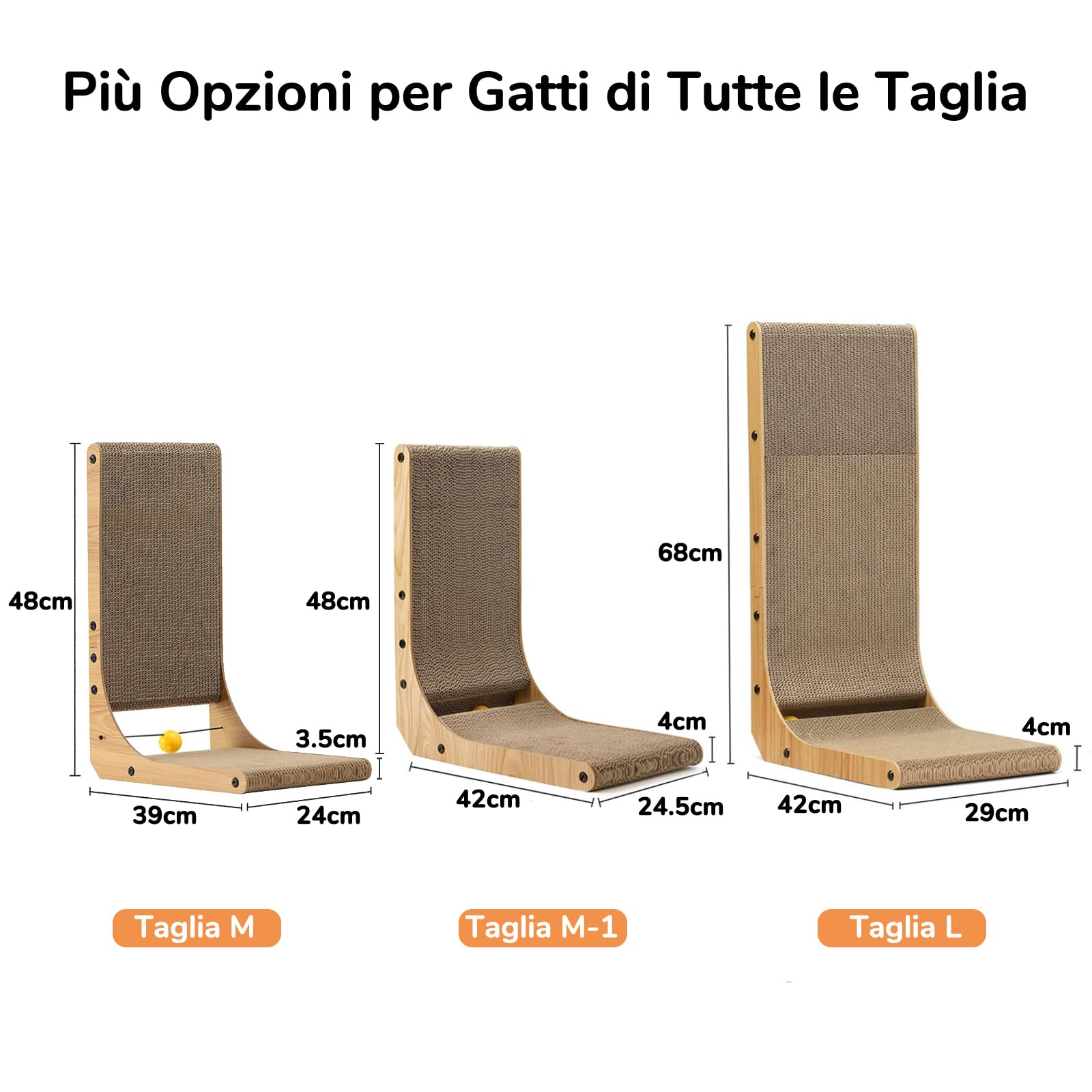 FUKUMARU Tiragraffi per Gatti Verticale a Forma di L Alta 48 cm per Parete e Angolo, Con Gioco Gatti Con Pallina Da Interno, In Cartone