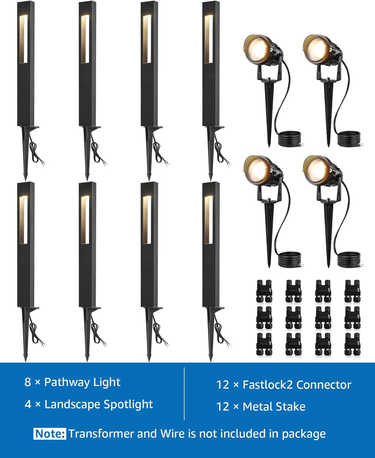 SUNVIE 12-Pack Low Voltage Pathway Lights Wired with Spotlights LED Outdoor Landscape Lighting Kit for Path, Garden, Yard, Patio, Cast-Aluminum, IP65 Waterproof, 12-24V AC/DC, 3000K Warm White, Black