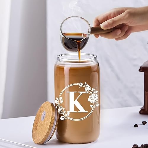 Miniatura 5 de Taza de vidrio inicial, regalos para mujeres, regalos de cumpleaños personalizados para mujeres, vasos de vidrio de 16 onzas con tapas y pajitas,