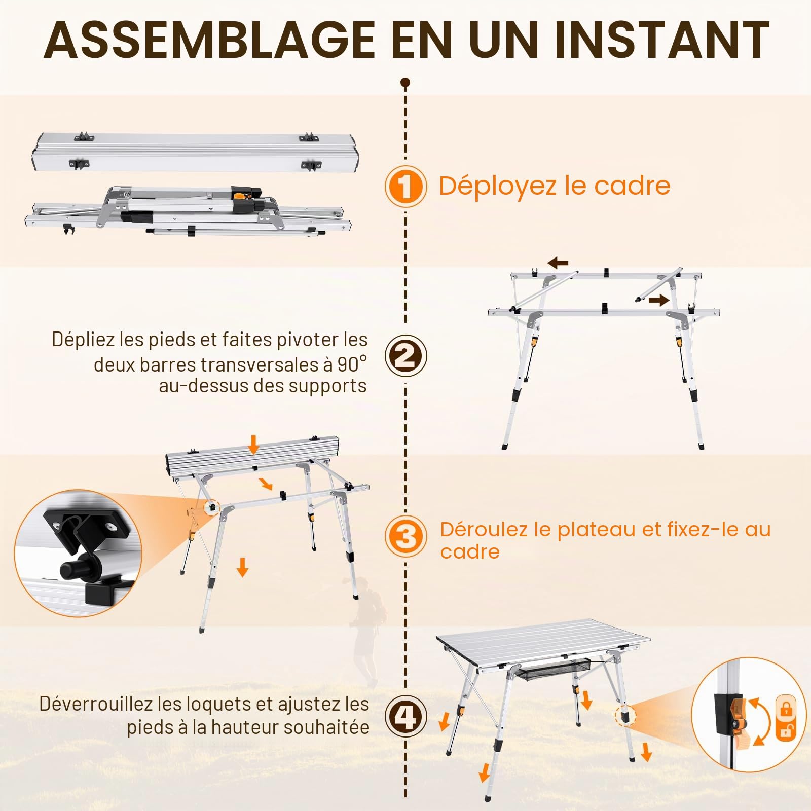 Sportneer Tables de camping pliantes, légères, réglables en hauteur, en aluminium avec couche supérieure en maille, table de camping enroulable pour camping, pique-nique, plage, camping-car, jardin,