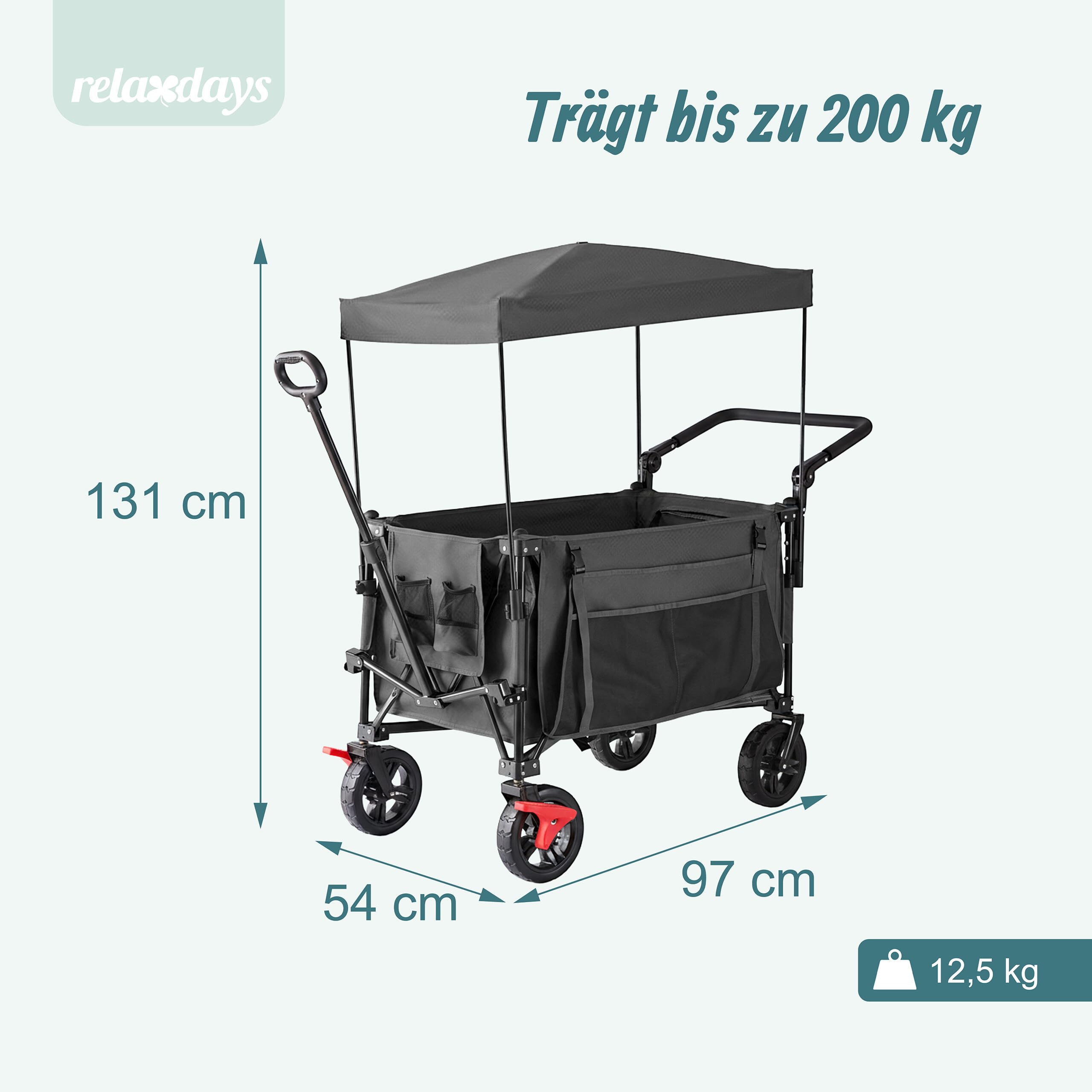 Relaxdays Bollerwagen, faltbar, 150 kg, Dach, Teleskop- & Schiebegriff, Gummireifen mit Bremse, Transportwagen, grau