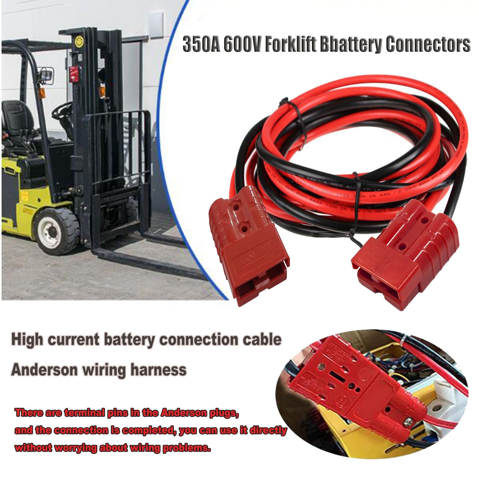 350A 600V Gabelstapler Ladegerät Batterieanschluss Ladestecker Elektrische Gabelstapler Batterieladegerät Anschlüsse mit 1/0AWG 200Cm/6,56Ft Verlängerungskabel