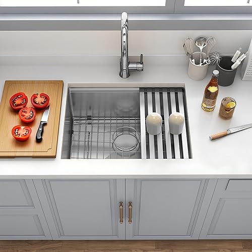 Miniatura 27 de Fregadero de cocina negro de 33 pulgadas, fregadero de acero inoxidable calibre 16, fregadero de estación de trabajo de un solo tazón con reborde