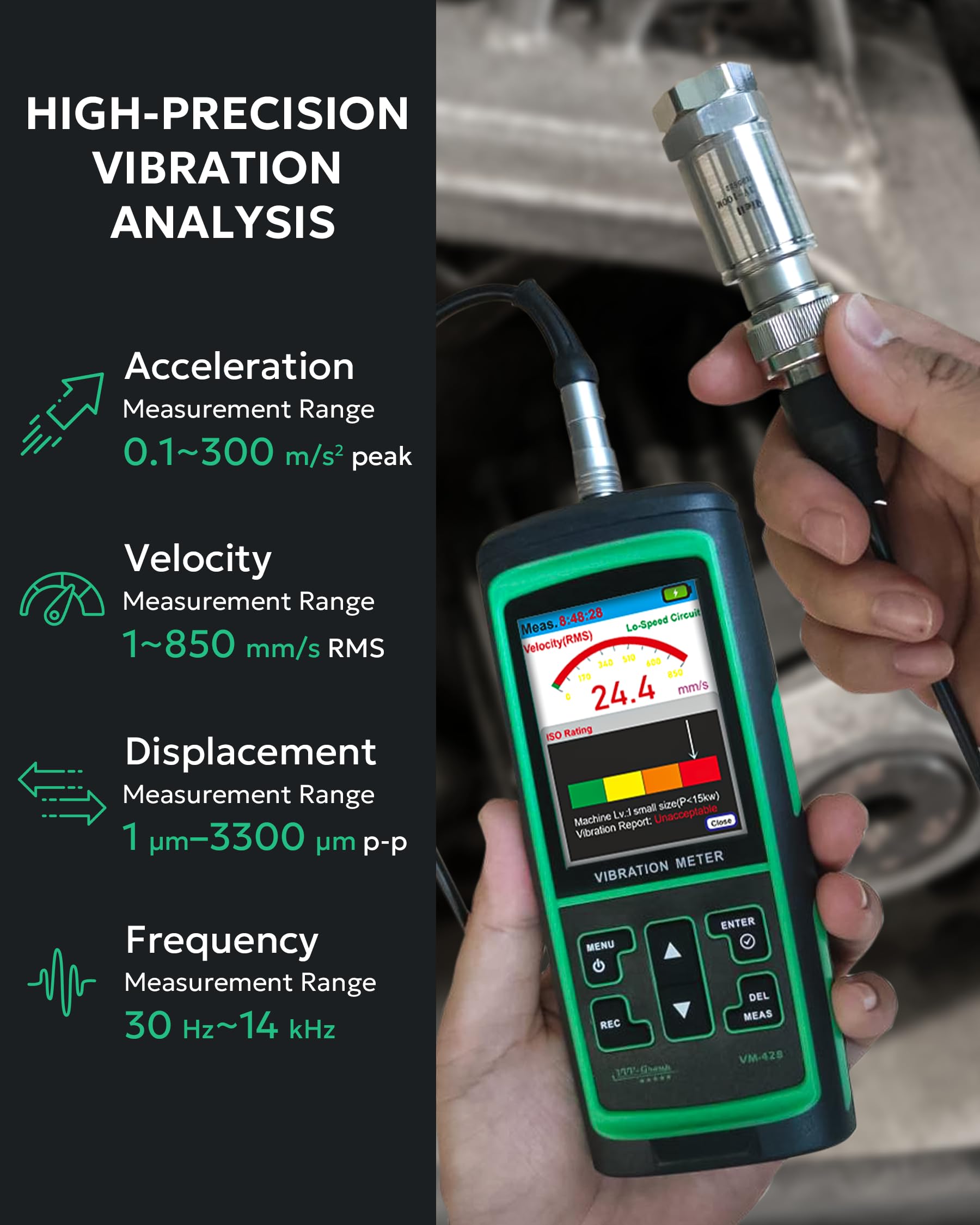 Industrial Vibration Meter – VM-428 Analyzer with External Sensor & PC Software, Acceleration 0.1–300 m/s², Velocity 1–850 mm/s, Displacement 1–3300 µm, 30Hz–14kHz, ISO Machine Rating — Amazon image 2