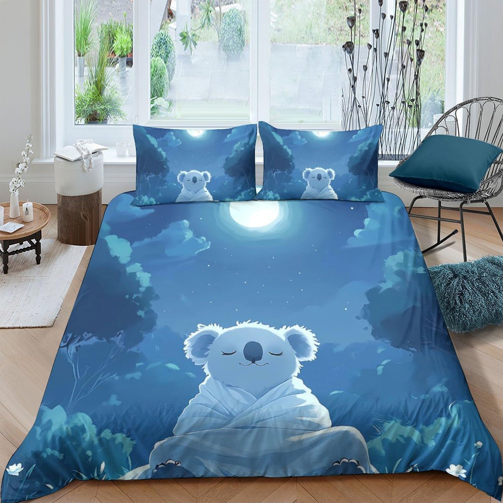 Ctjqhvkz Style-8 3D Printed Moonlit Koala Fitted Sheet Microfiber Soft Blue Forest Animal Bed Sheet Non Slip For Bedroom Guest Room Single（135X200cm）
