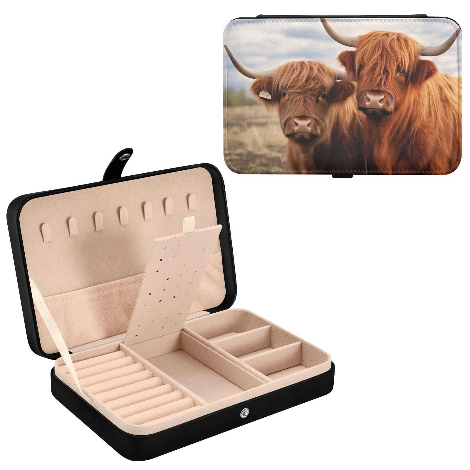 Haskirky Highland Cows Jewelry Box Portable PU Leather Travel Jewelry Organize for Women Jewelry Storage Display Holder for Ring, Necklace, Earring