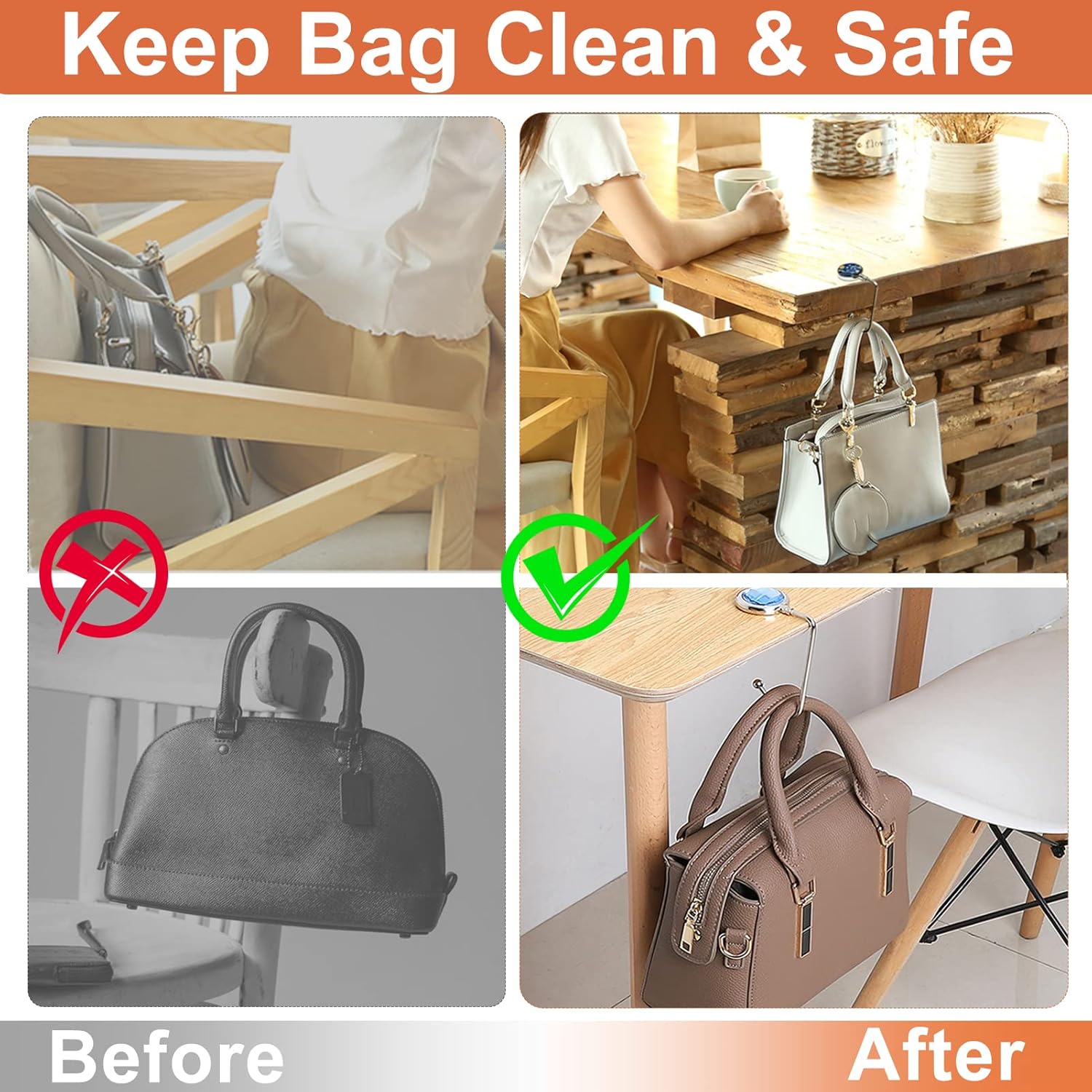AUHOKY 6Pcs Portable Purse Hook Handbag Hanger for Table, Fashionable Long Handbag Bag Holder Under Counter, Christmas Stocking Holders Mantel Hooks for Women Girls Bags Storage(6 Marble Patterns)