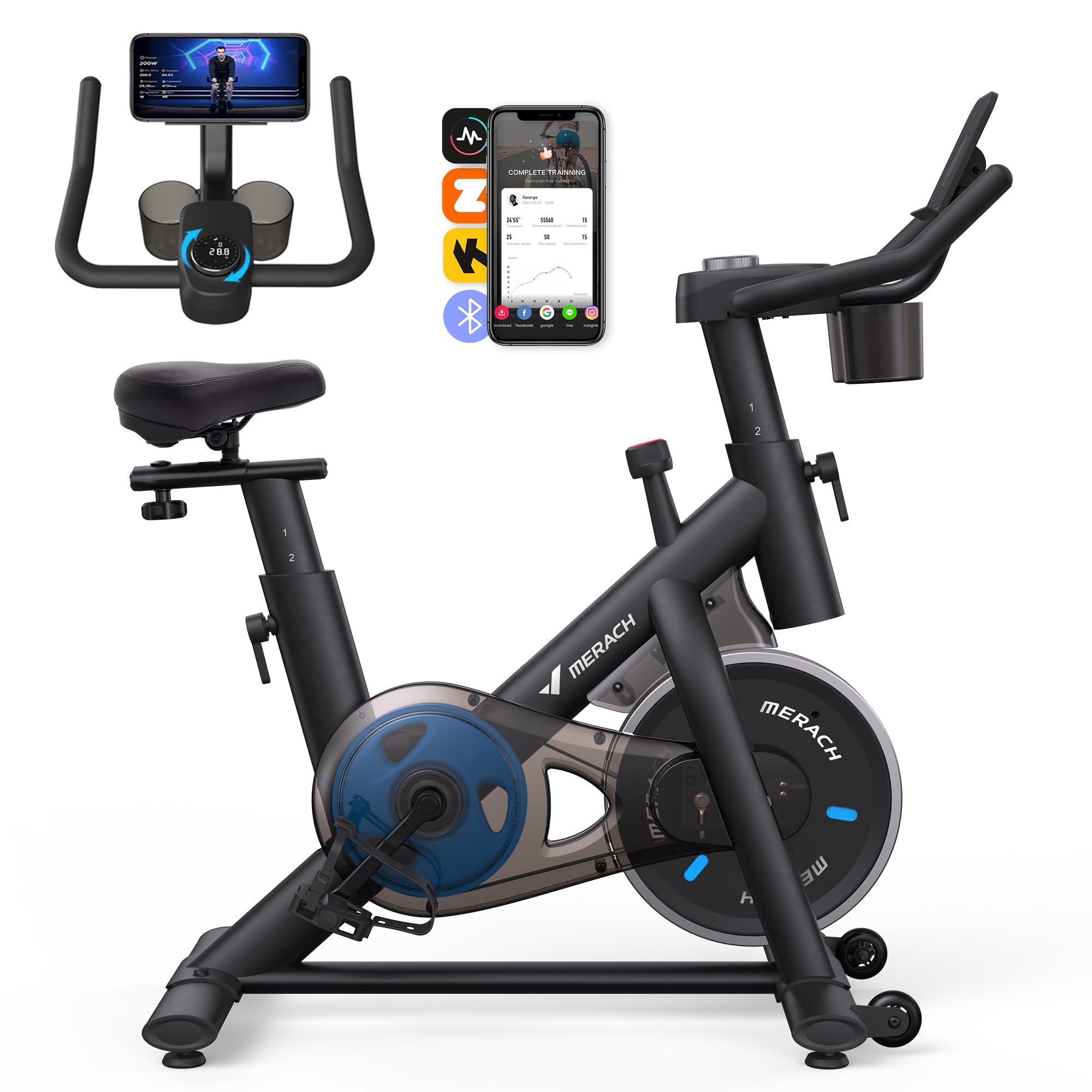 MERACH Vélo d'Appartement pour la Maison - Vélo de Fitness d'Intérieur Silencieux avec Résistance Réglable, Écran LCD, Siège Confortable, pour Entraînement Cardio, App Exclusive, Capacité Max 136KG
