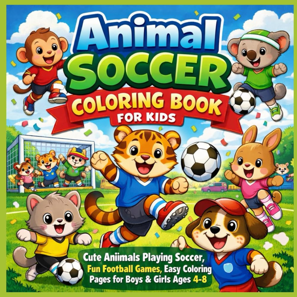 Animal Soccer Coloring Book for Kids: Cute Animals Playing Soccer, Fun Football Games, Easy Coloring Pages for boys & Girls Ages 4-8