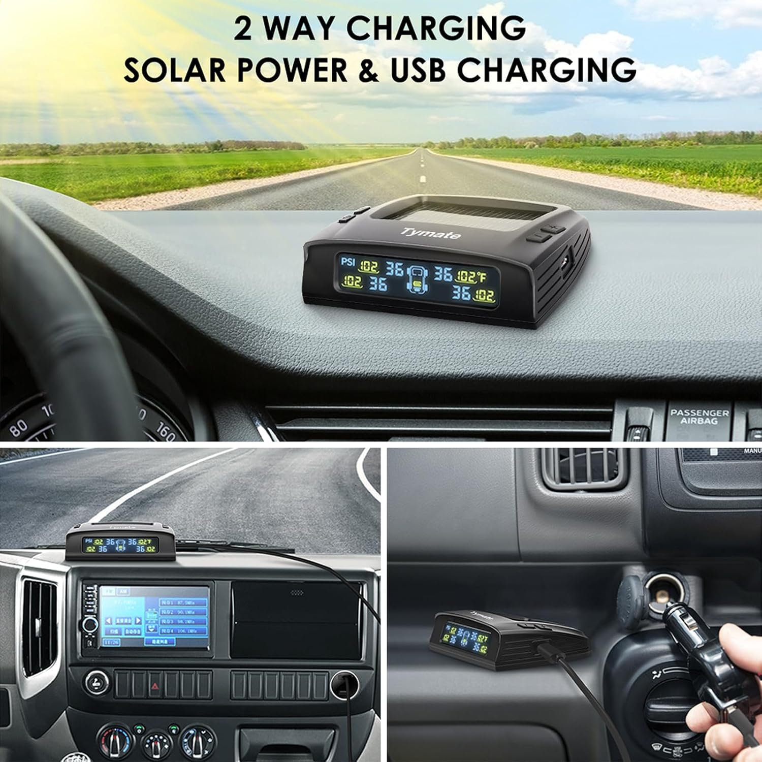 Tymate TM7+ TPMS monitor showing solar panel and USB charging port