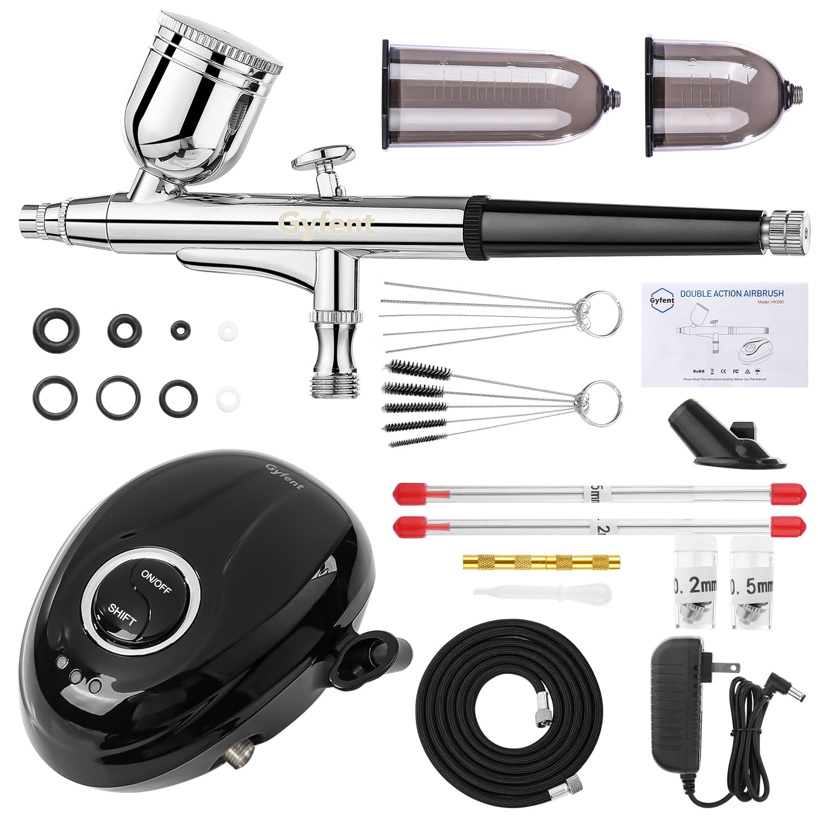 Gyfent Airbrush Kit with Air Compressor, 36PSI Portable Air Brush Kit with 3 Quick-Release Nozzle Sets(0.2/0.3/0.5mm) & 3 Cups Dual-Action Gravity Feed Airbrush Kit for Nail Art Painting Makeup Cake