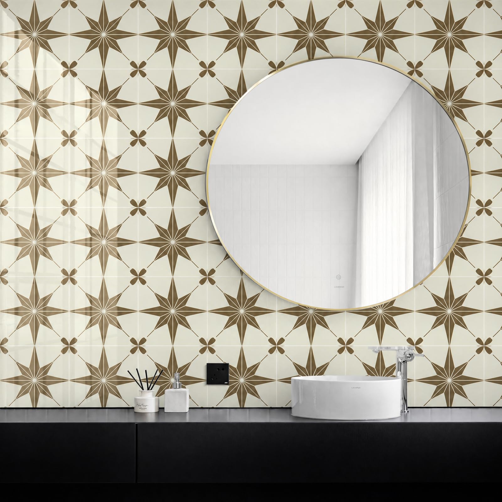 Fantasnight Tile Stickers Brown, Stick on Tiles Matt 15x15cm 12Pcs, Self Adhesive Peel and Stick for Bathroom, Removable Backsplash for Kitchen Star