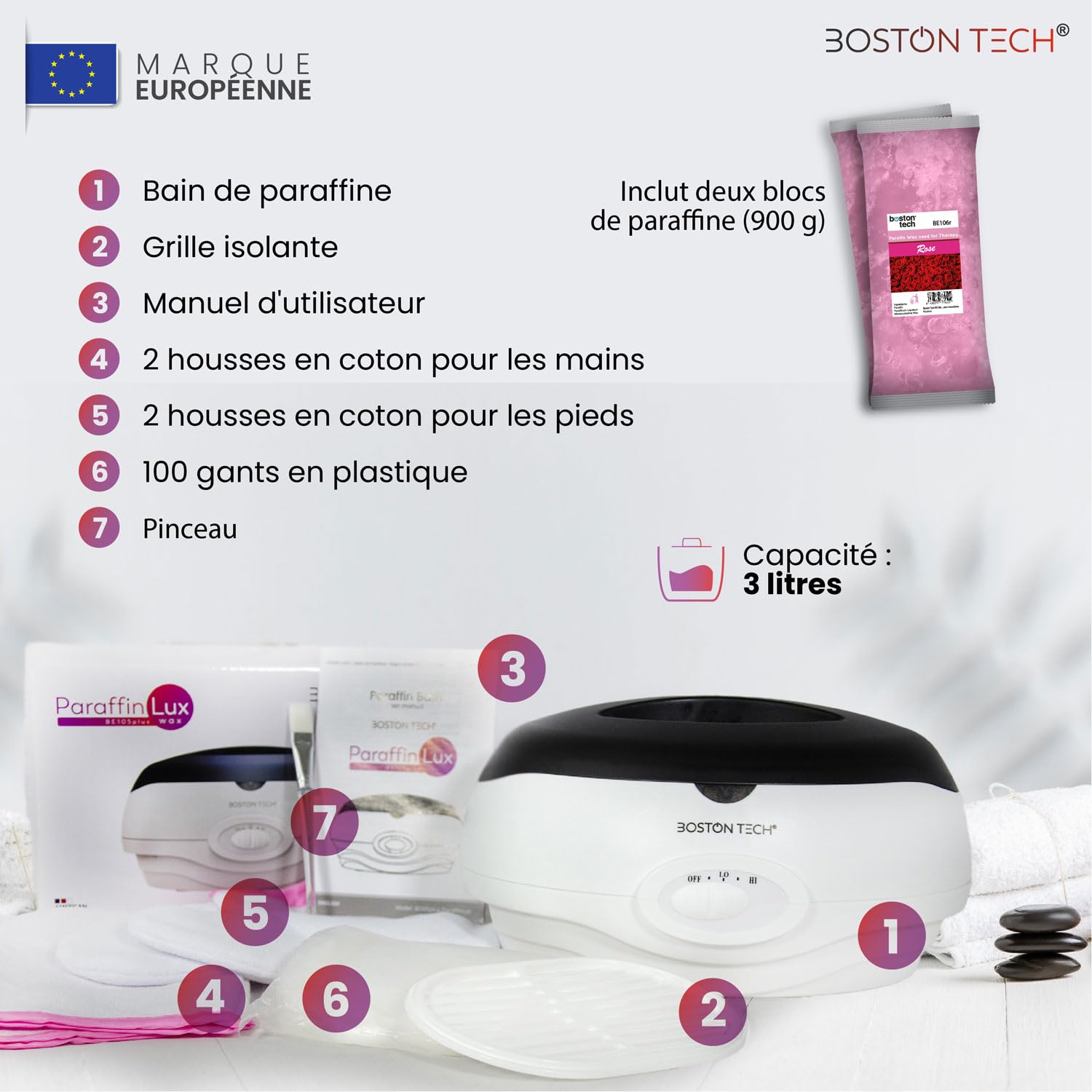 Boston Tech bain de paraffine 3 litres 900 g paraffine accessoires utilisation à domicile professionnelle