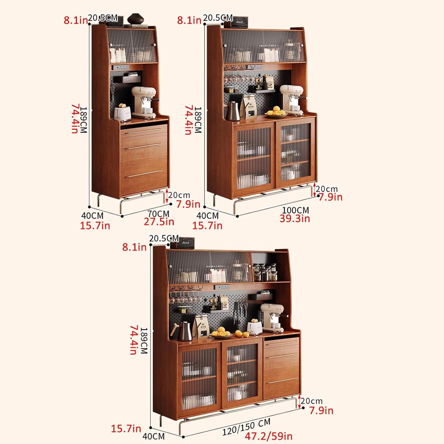 Tall Sideboard Buffet Hutch Cupboard Cabinet, Accent Storage Cabient with Glass Doors, Coffee Bar Cabinet with Pegboard and Drawers, Kitchen Hutch Cabinets for Indoor(150cm/59in)