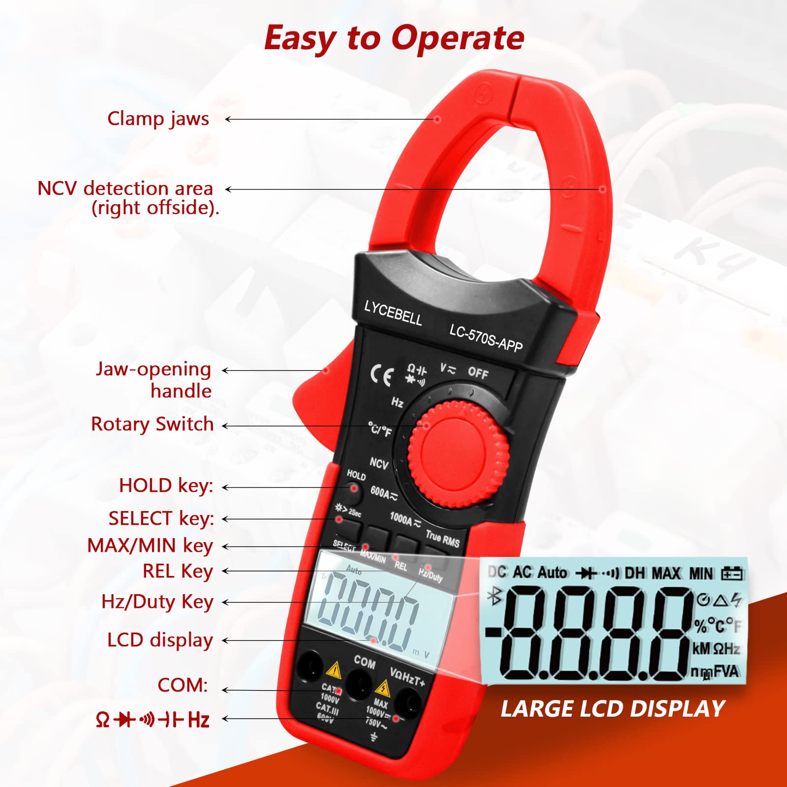Cyfrowe szczypce prądowe, multimetr, LC-570S App True RMS cyfrowe szczypce prądowe, multimetr do napięcia AC/DC, prądu, oporu, nasadki, częstotliwości, temperatury, NCV z aplikacją przez