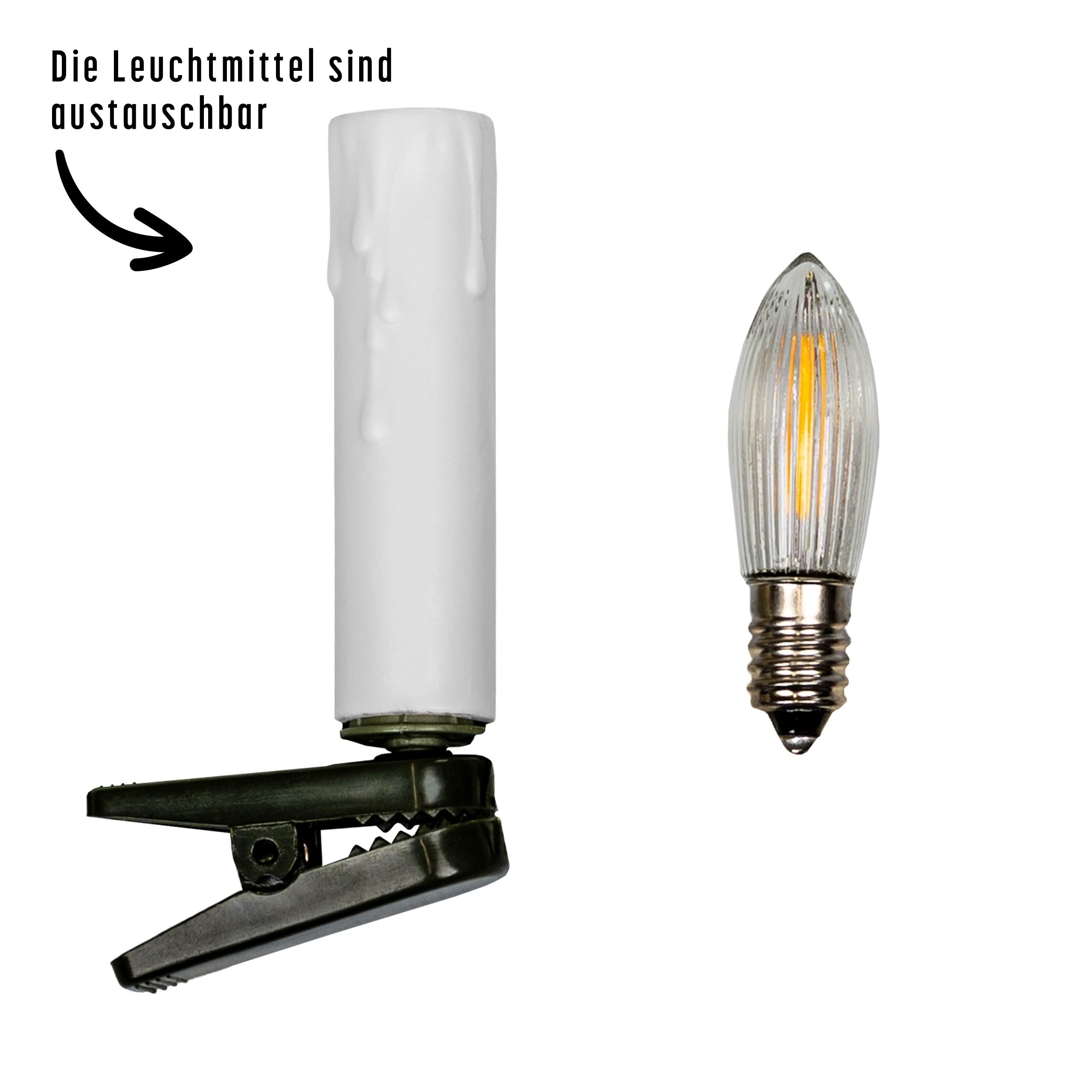 Retro Weihnachtsbaum-Lichterkette mit LED Filament Kerzen, klassische Baumbeleuchtung mit austauschbaren E10 Leuchtmittel, Weihnachtsbeleuchtung für Innen, nostalgie (weiß, 30 Kerzen - ca. 14,5 m)