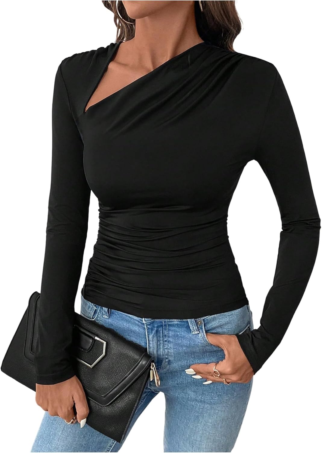 SHENHE Women's Fall Long Sleeve Slim Fitted Tee Shirt Asymmetrical Neck Fashion Going Out Top