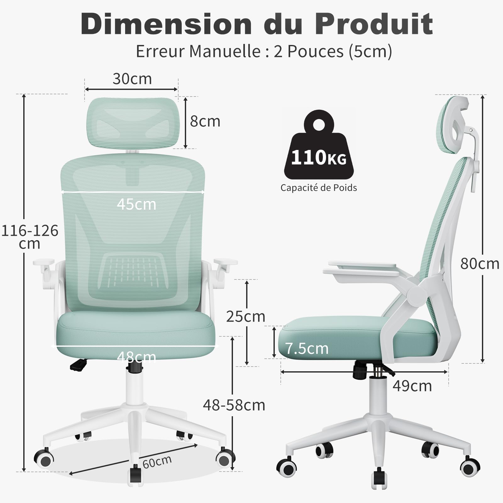 naspaluro Chaise de Bureau Ergonomique avec Accoudoirs Rabattables à 90° (avec Appui-tête, Blanc- Vert)