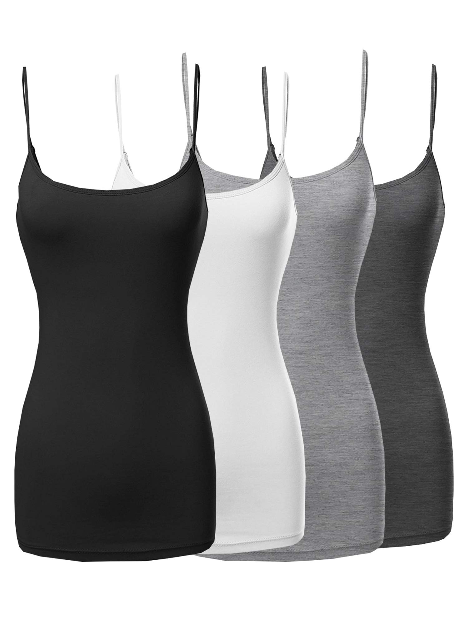 The Lovely Womens Juniors Basic Solid Long Length Adjustable Spaghetti Strap Tank Top 4PK - Black White H
